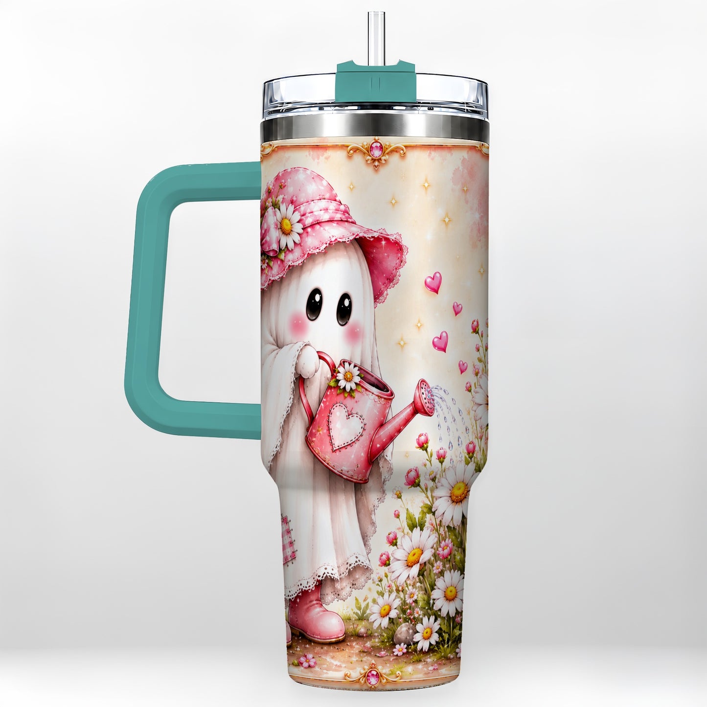 #pl[40oz|Green] Garden Ghost 40oz Tumbler with Handle, Daisy Travel Cup