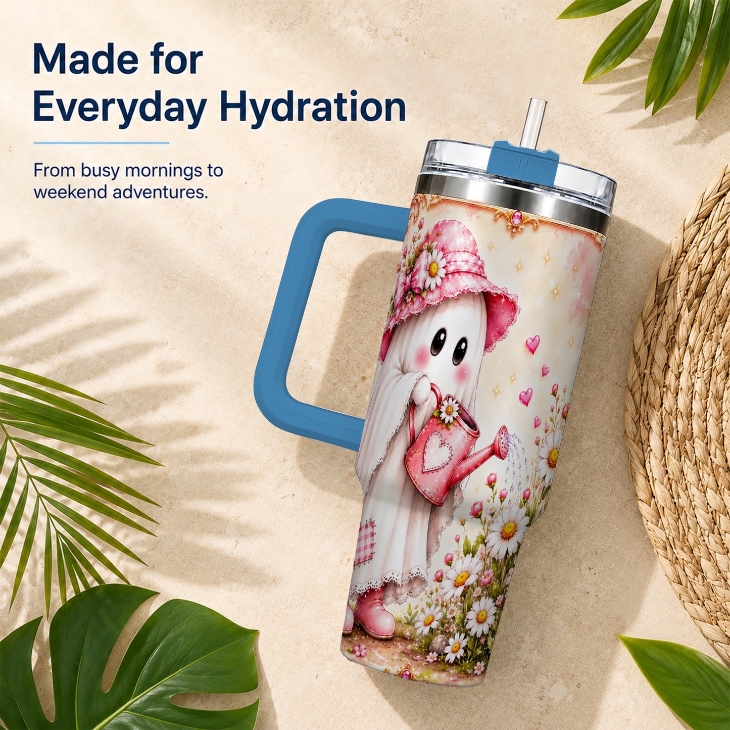 #pl[40oz|Blue] Garden Ghost 40oz Tumbler with Handle, Daisy Travel Cup