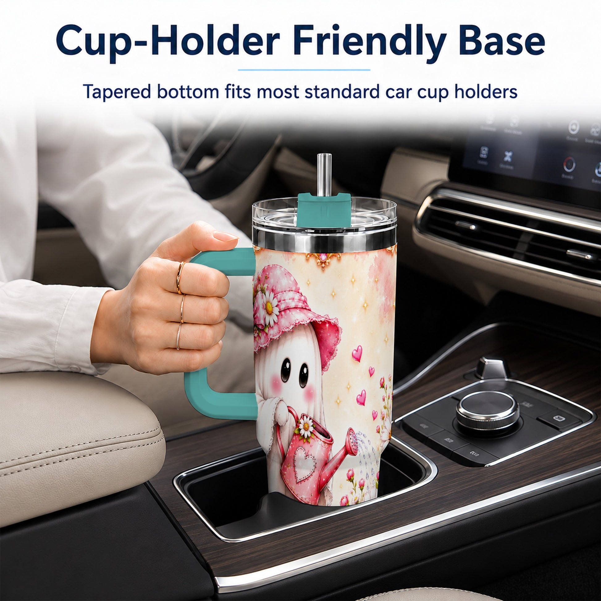 #pl[40oz|Green] Garden Ghost 40oz Tumbler with Handle, Daisy Travel Cup