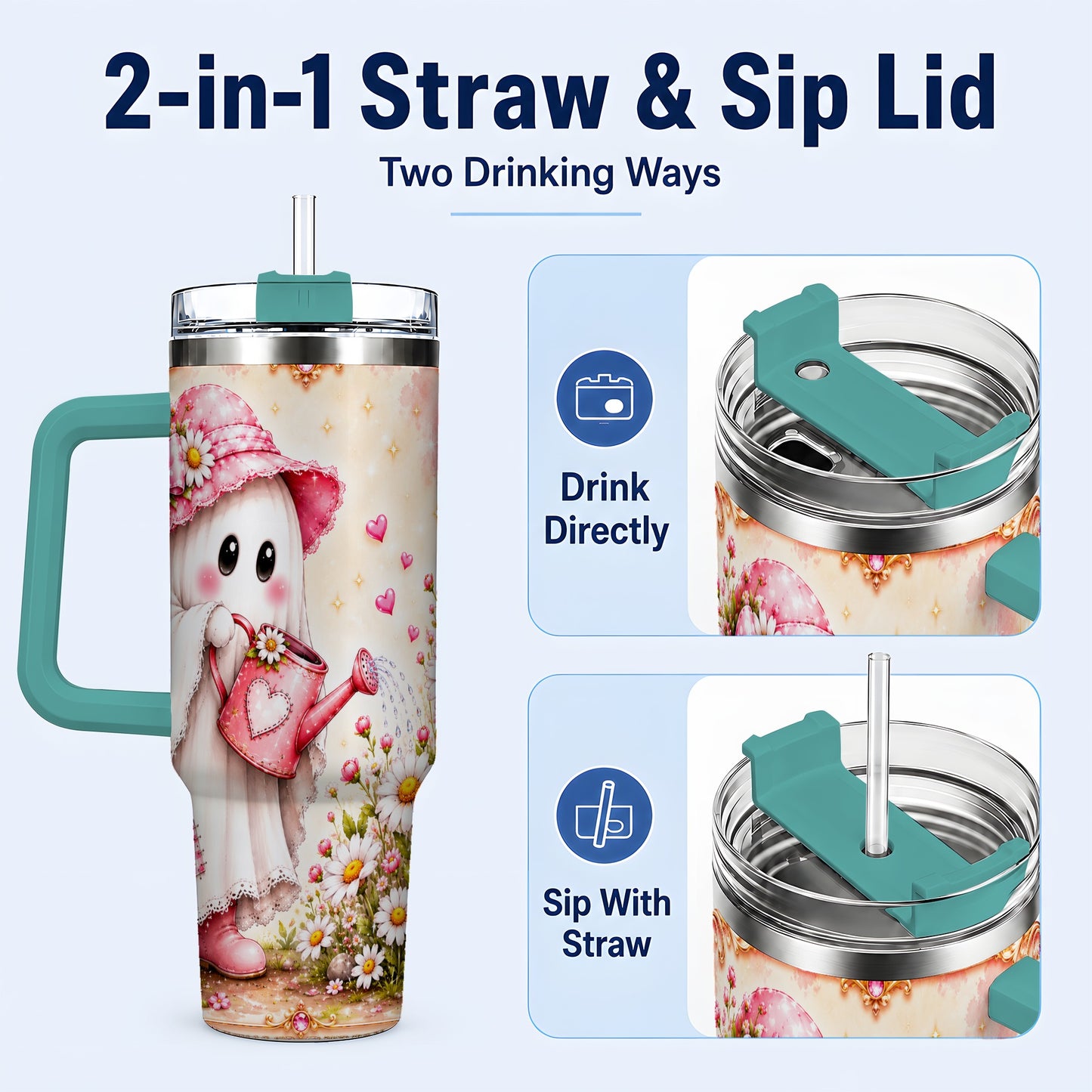 #pl[40oz|Green] Garden Ghost 40oz Tumbler with Handle, Daisy Travel Cup