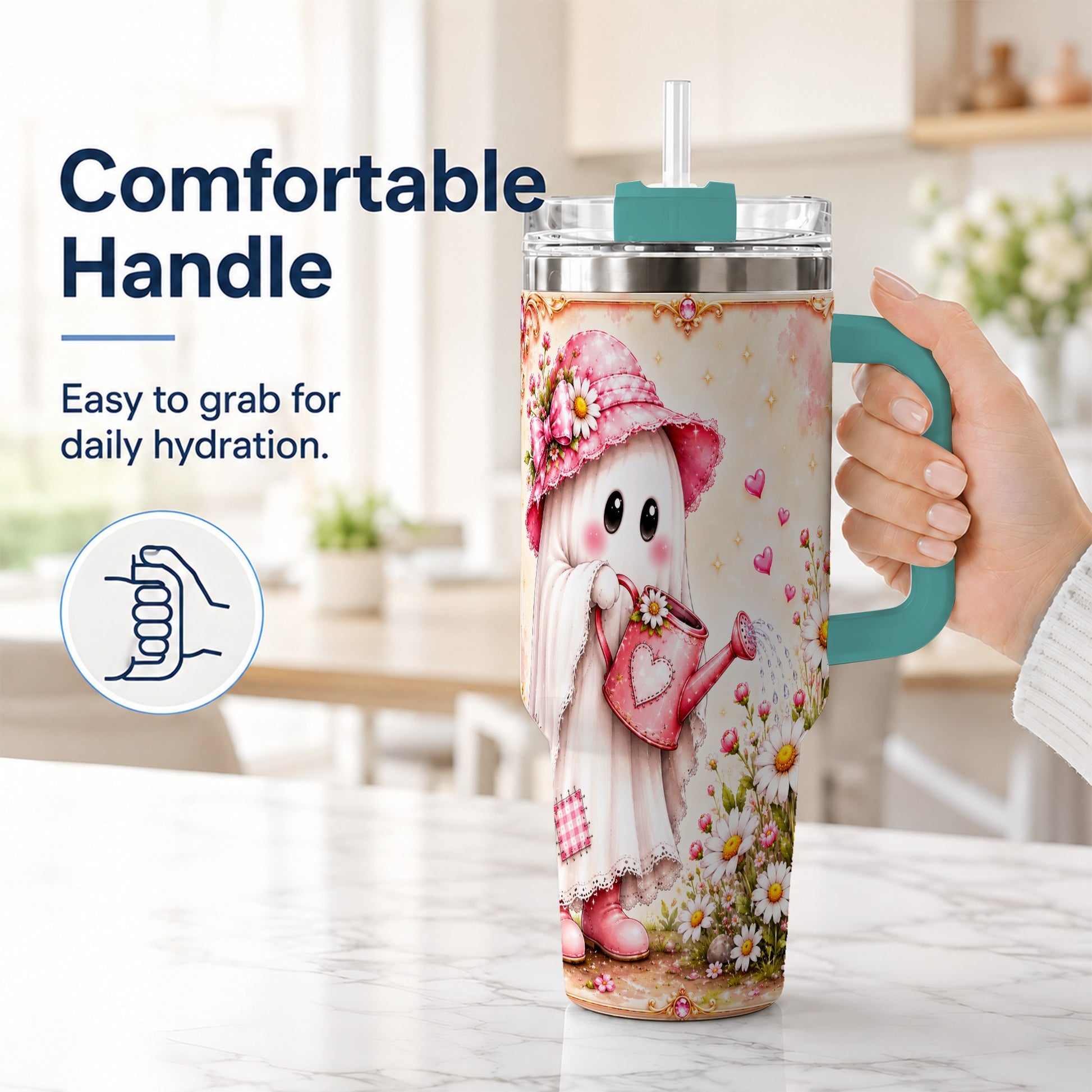 #pl[40oz|Green] Garden Ghost 40oz Tumbler with Handle, Daisy Travel Cup