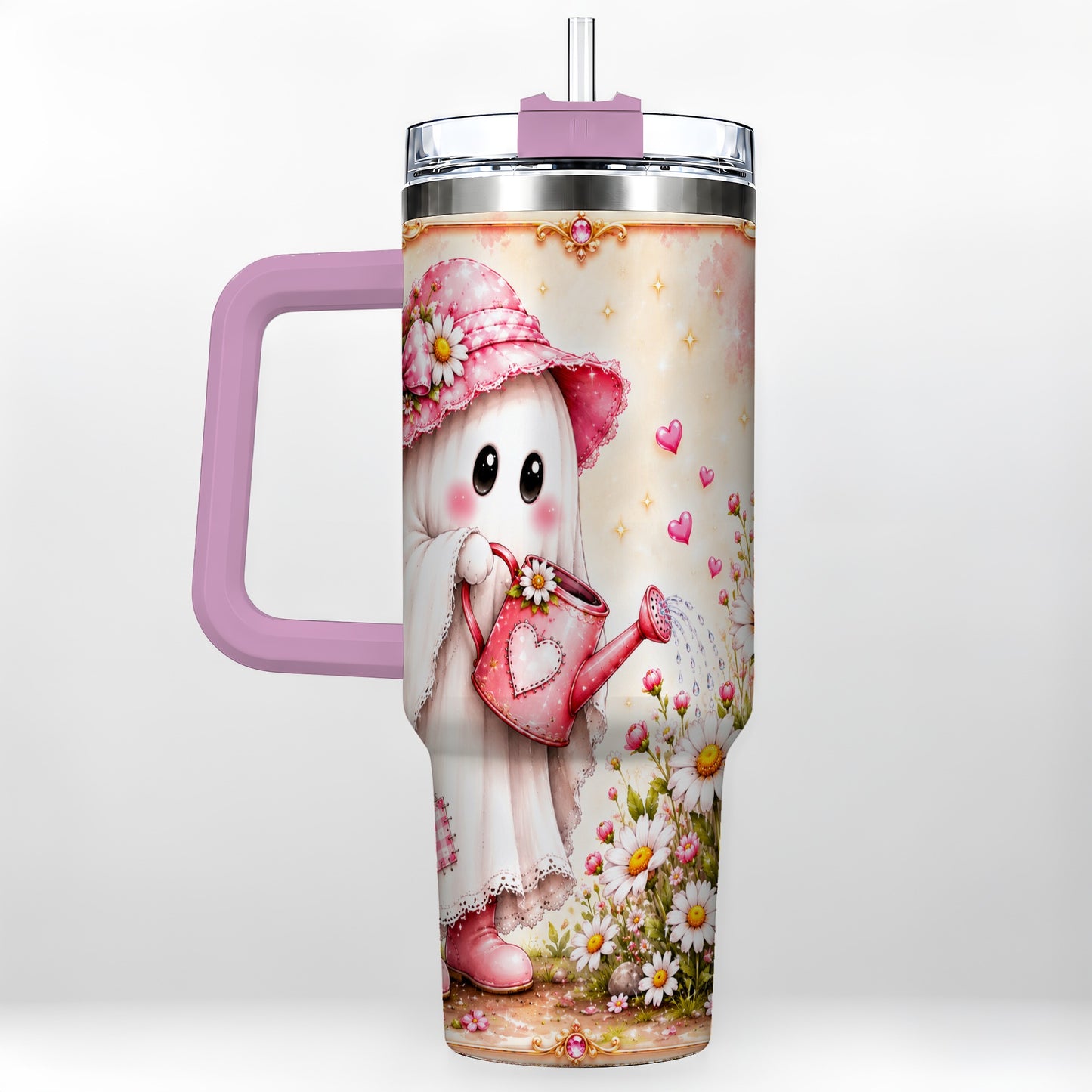 #pl[40oz|Pink] Garden Ghost 40oz Tumbler with Handle, Daisy Travel Cup