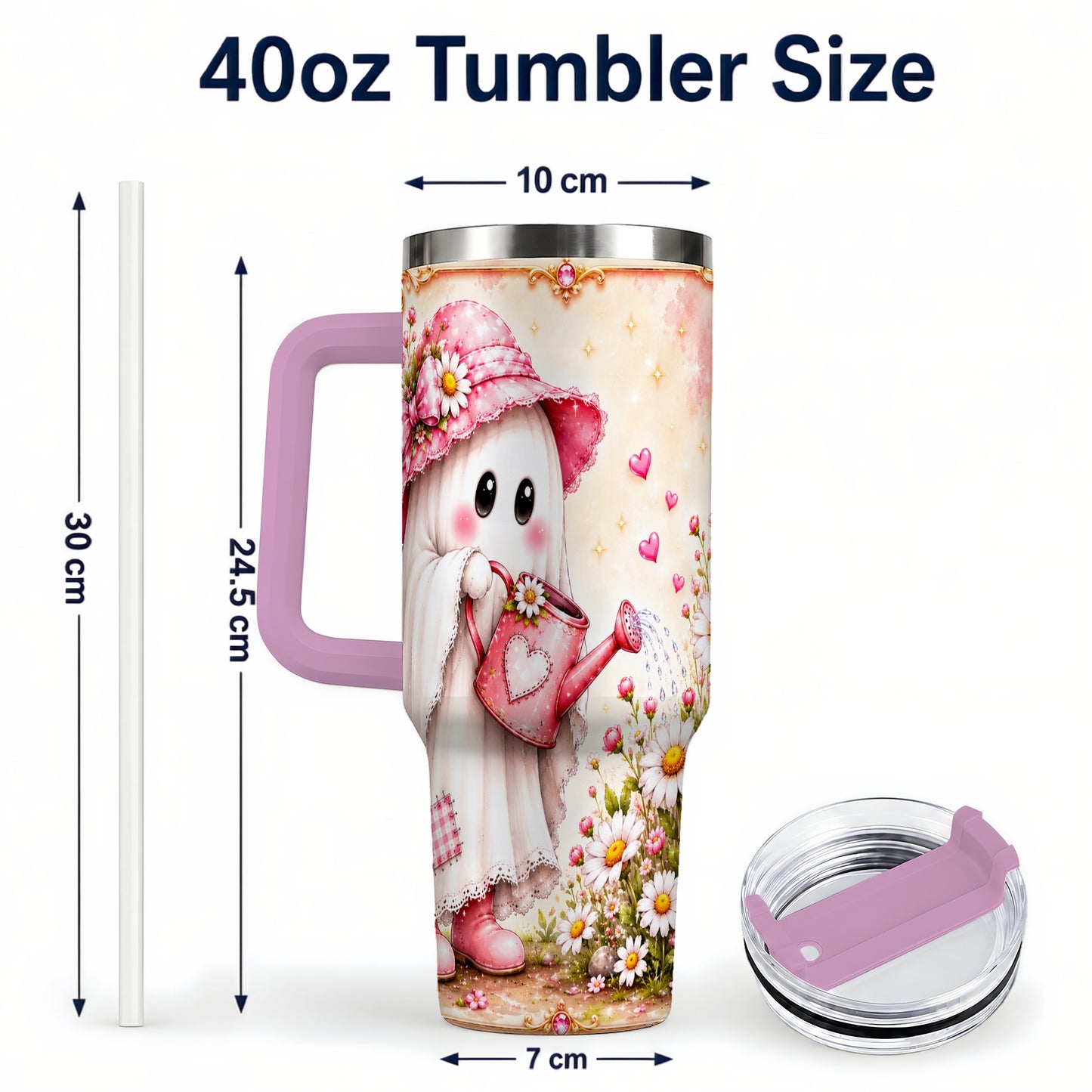 #pl[40oz|Pink] Garden Ghost 40oz Tumbler with Handle, Daisy Travel Cup