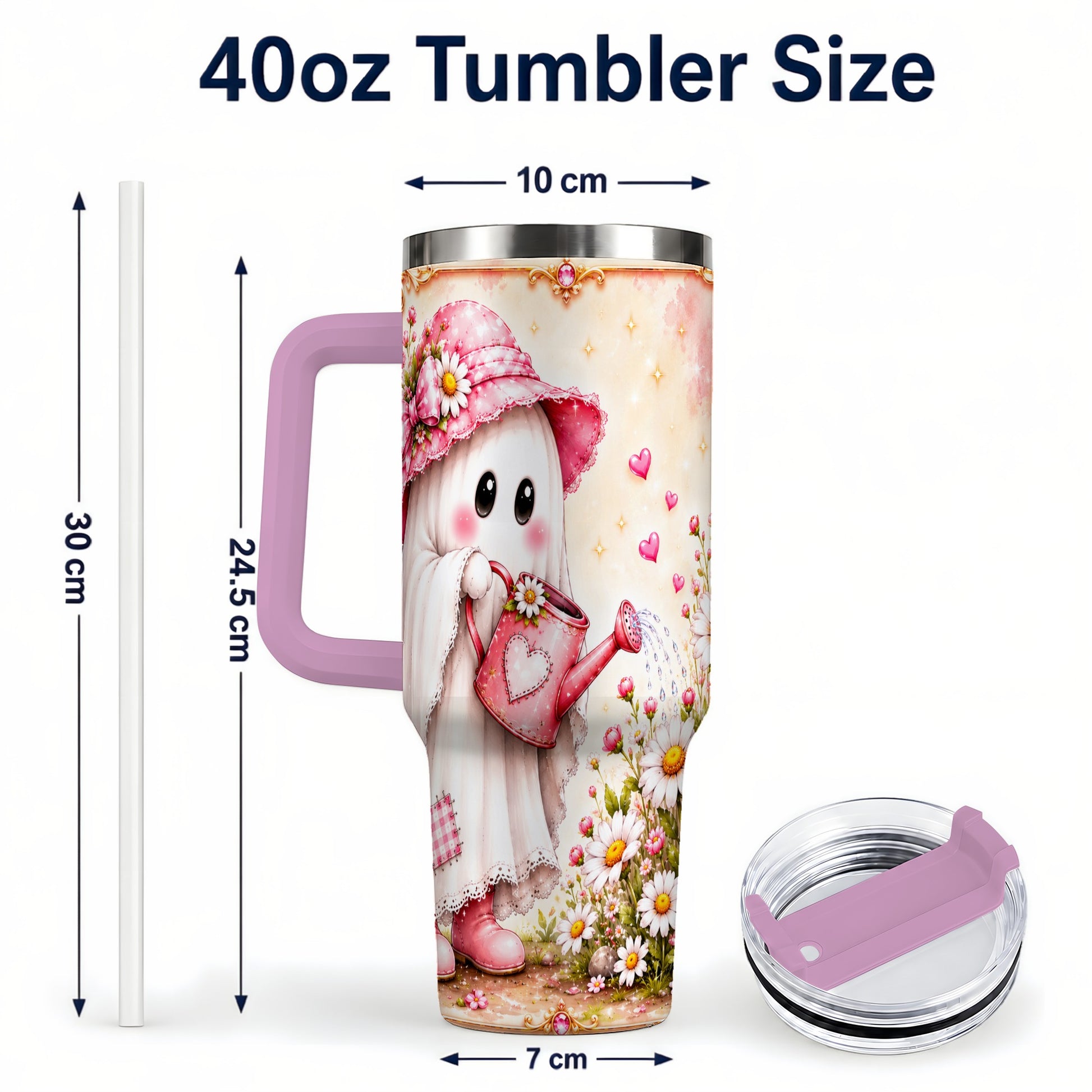 #pl[40oz|Pink] Garden Ghost 40oz Tumbler with Handle, Daisy Travel Cup