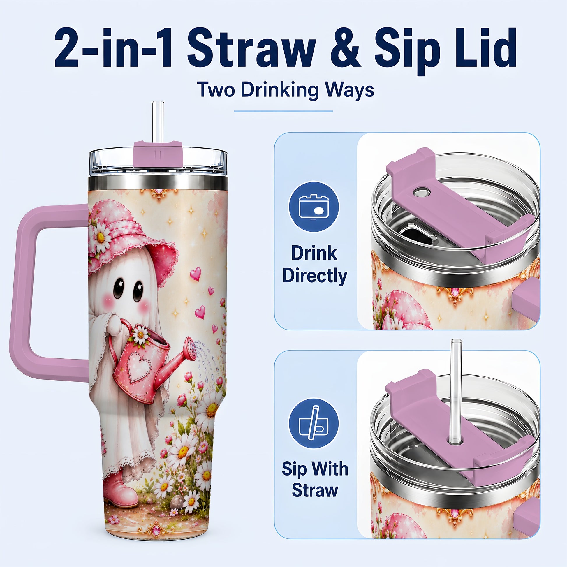 #pl[40oz|Pink] Garden Ghost 40oz Tumbler with Handle, Daisy Travel Cup