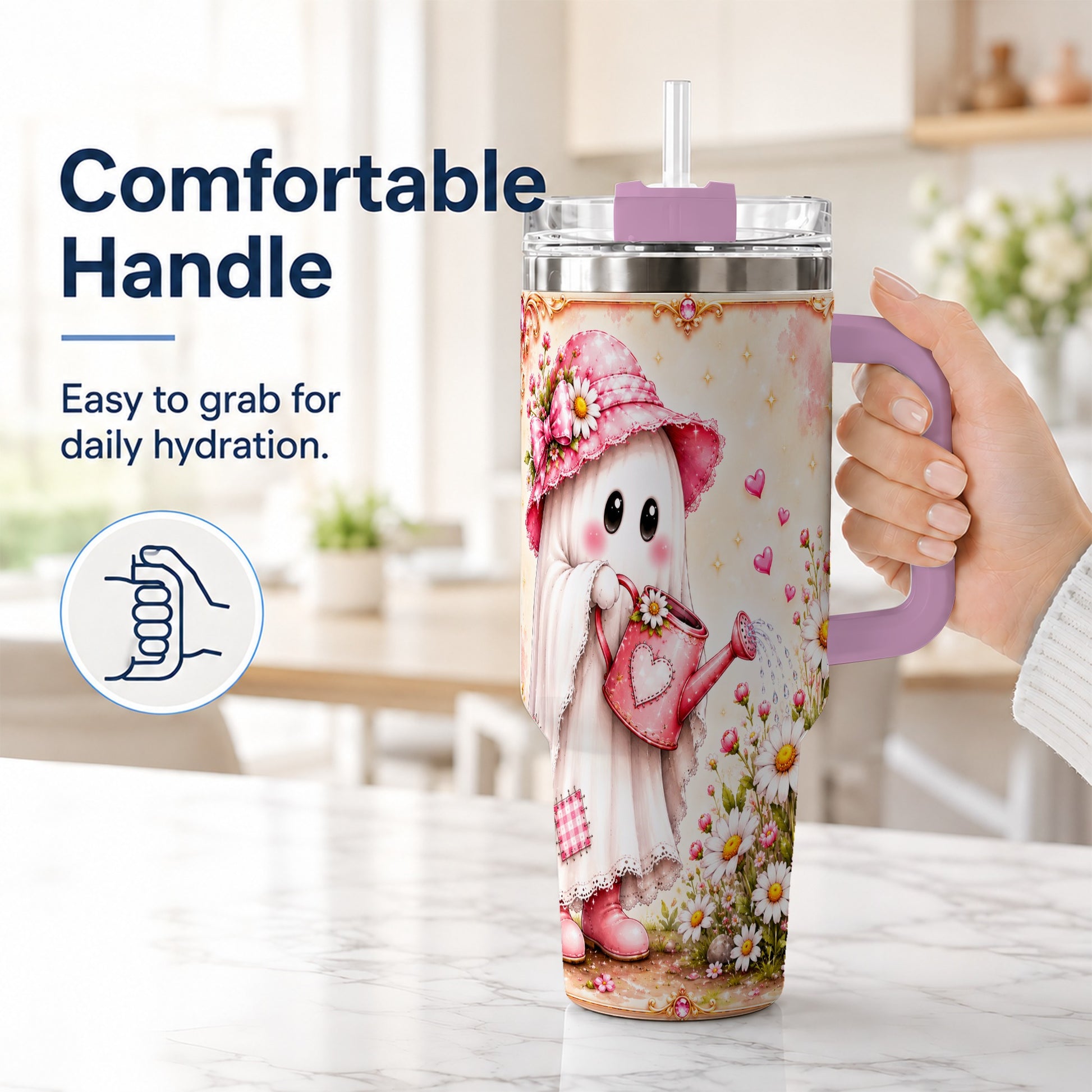 #pl[40oz|Pink] Garden Ghost 40oz Tumbler with Handle, Daisy Travel Cup