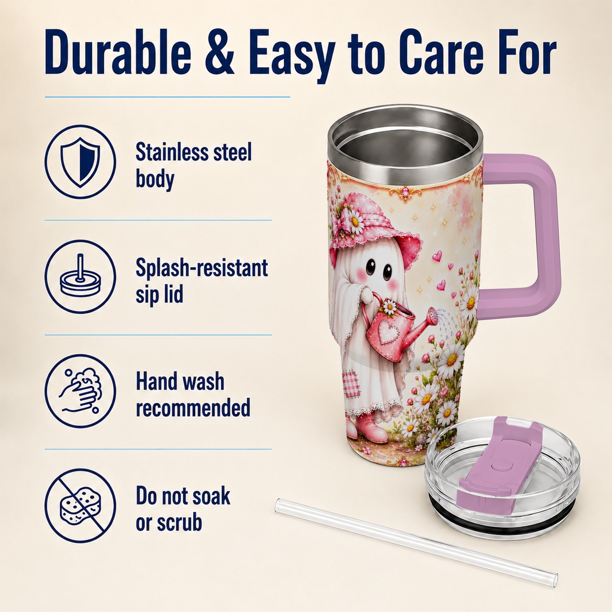 #pl[40oz|Pink] Garden Ghost 40oz Tumbler with Handle, Daisy Travel Cup