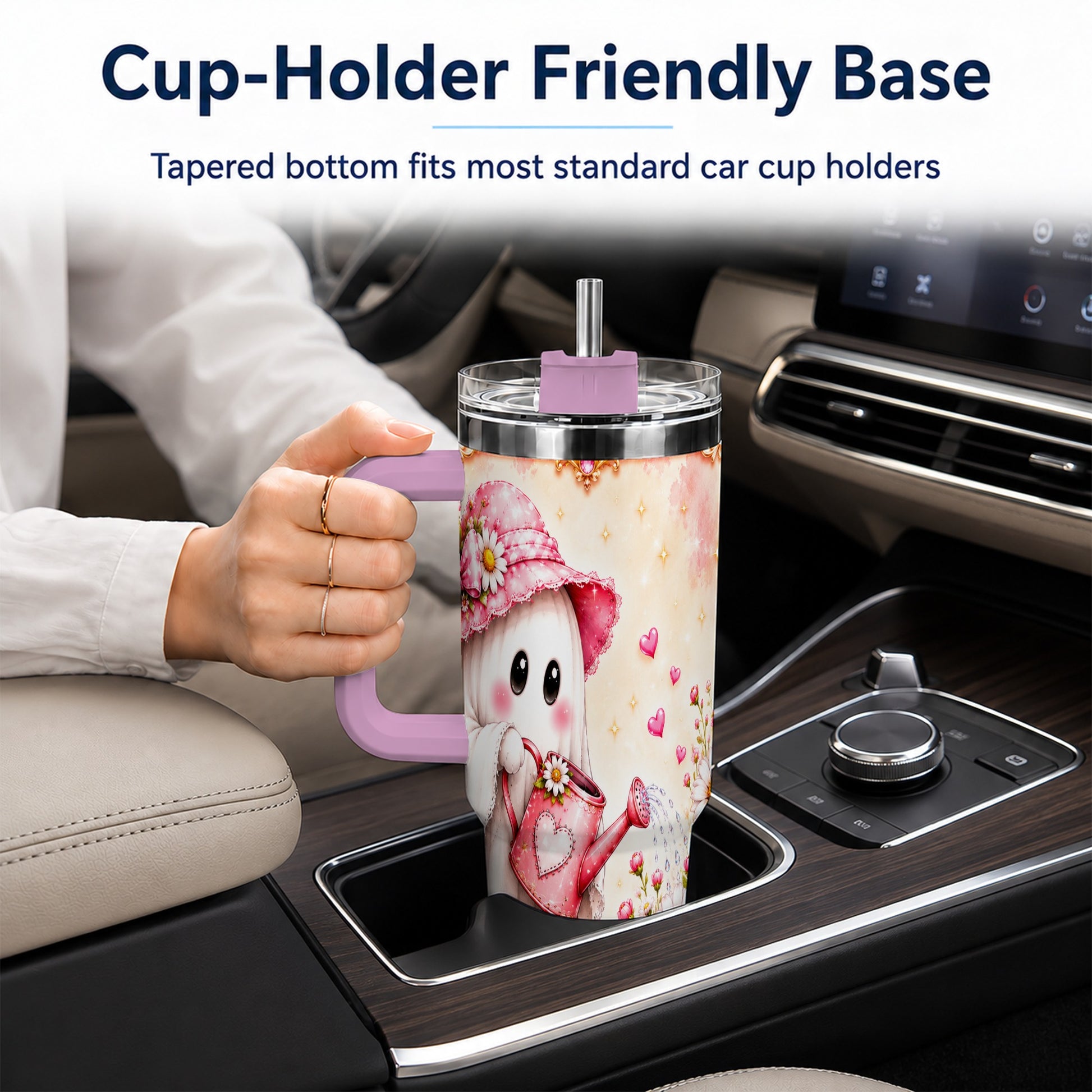 #pl[40oz|Pink] Garden Ghost 40oz Tumbler with Handle, Daisy Travel Cup