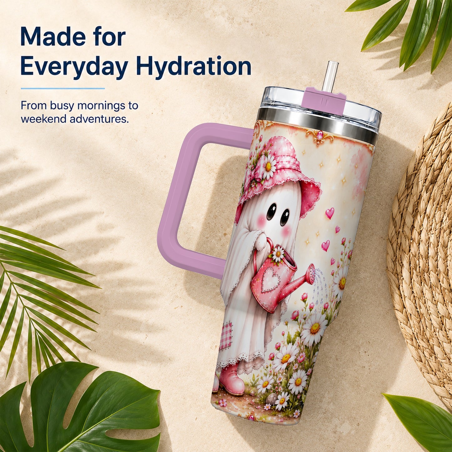 #pl[40oz|Pink] Garden Ghost 40oz Tumbler with Handle, Daisy Travel Cup