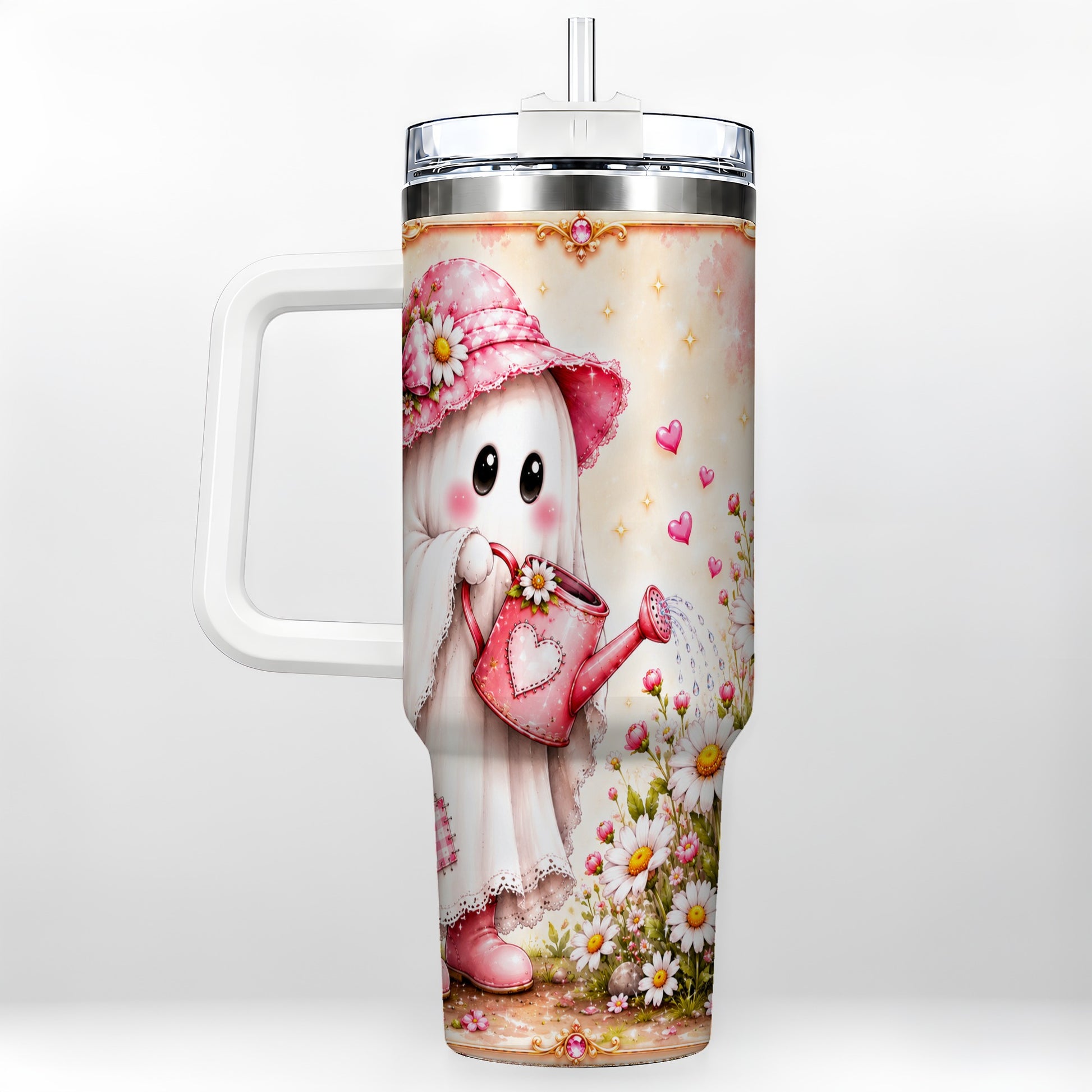 #pl[40oz|White] Garden Ghost 40oz Tumbler with Handle, Daisy Travel Cup