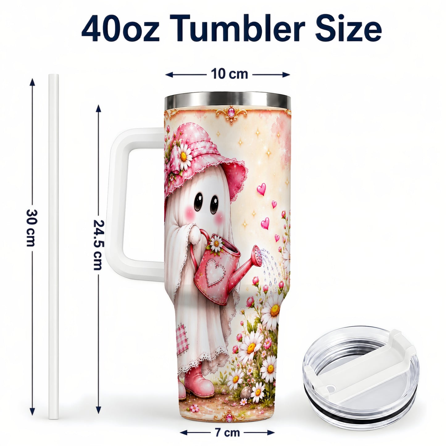 #pl[40oz|White] Garden Ghost 40oz Tumbler with Handle, Daisy Travel Cup