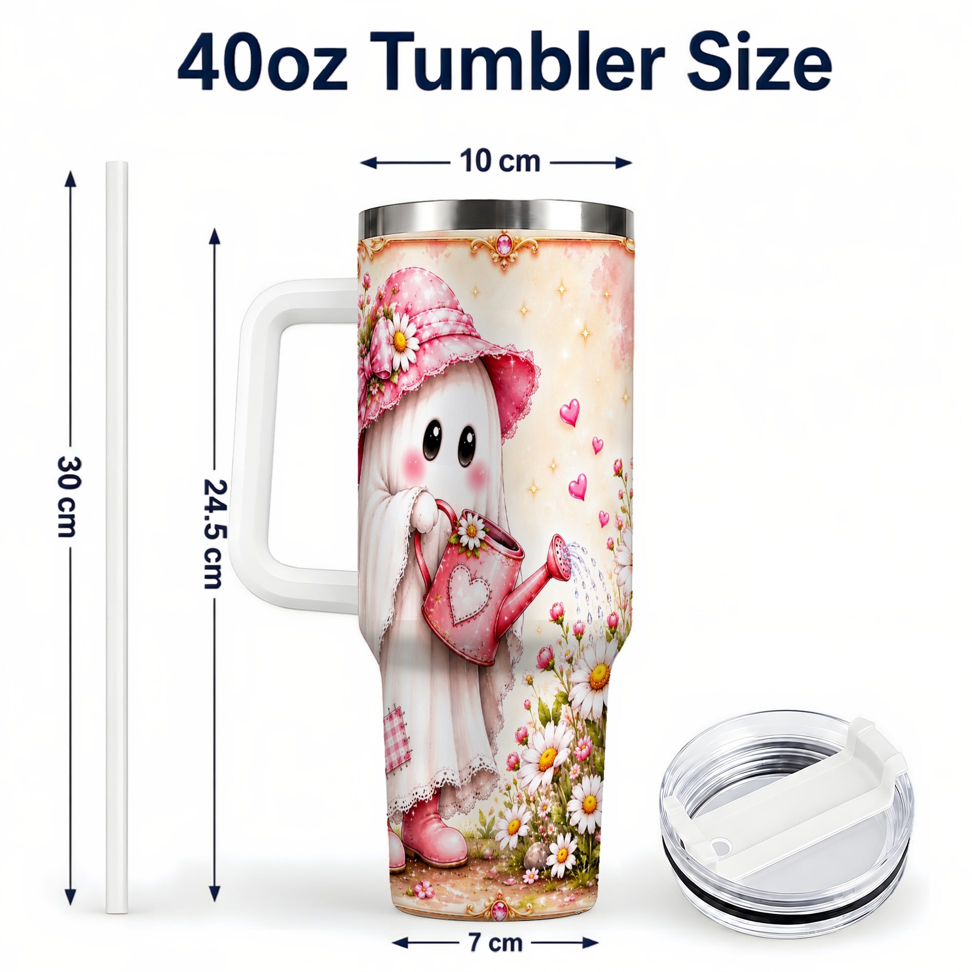 #pl[40oz|White] Garden Ghost 40oz Tumbler with Handle, Daisy Travel Cup