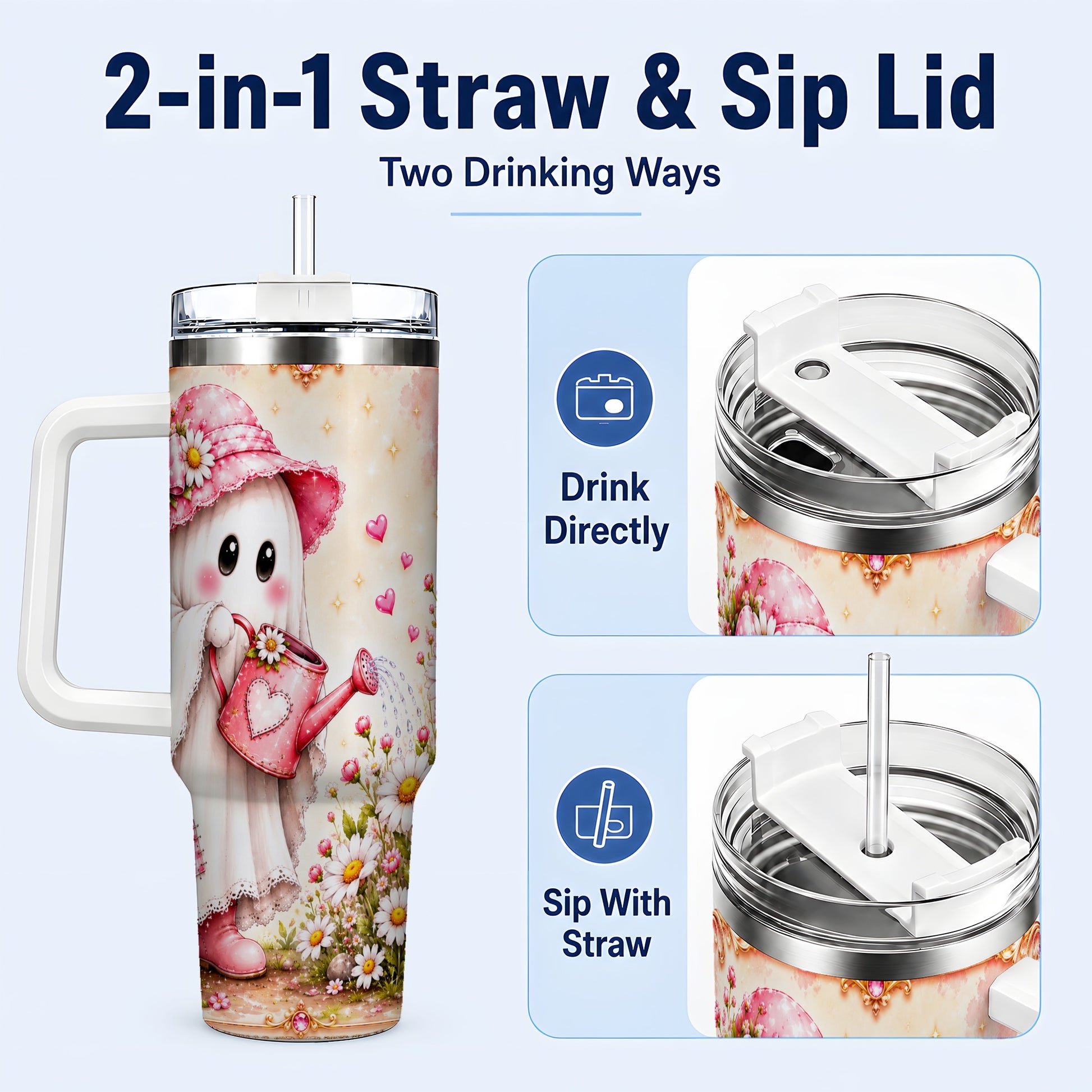 #pl[40oz|White] Garden Ghost 40oz Tumbler with Handle, Daisy Travel Cup