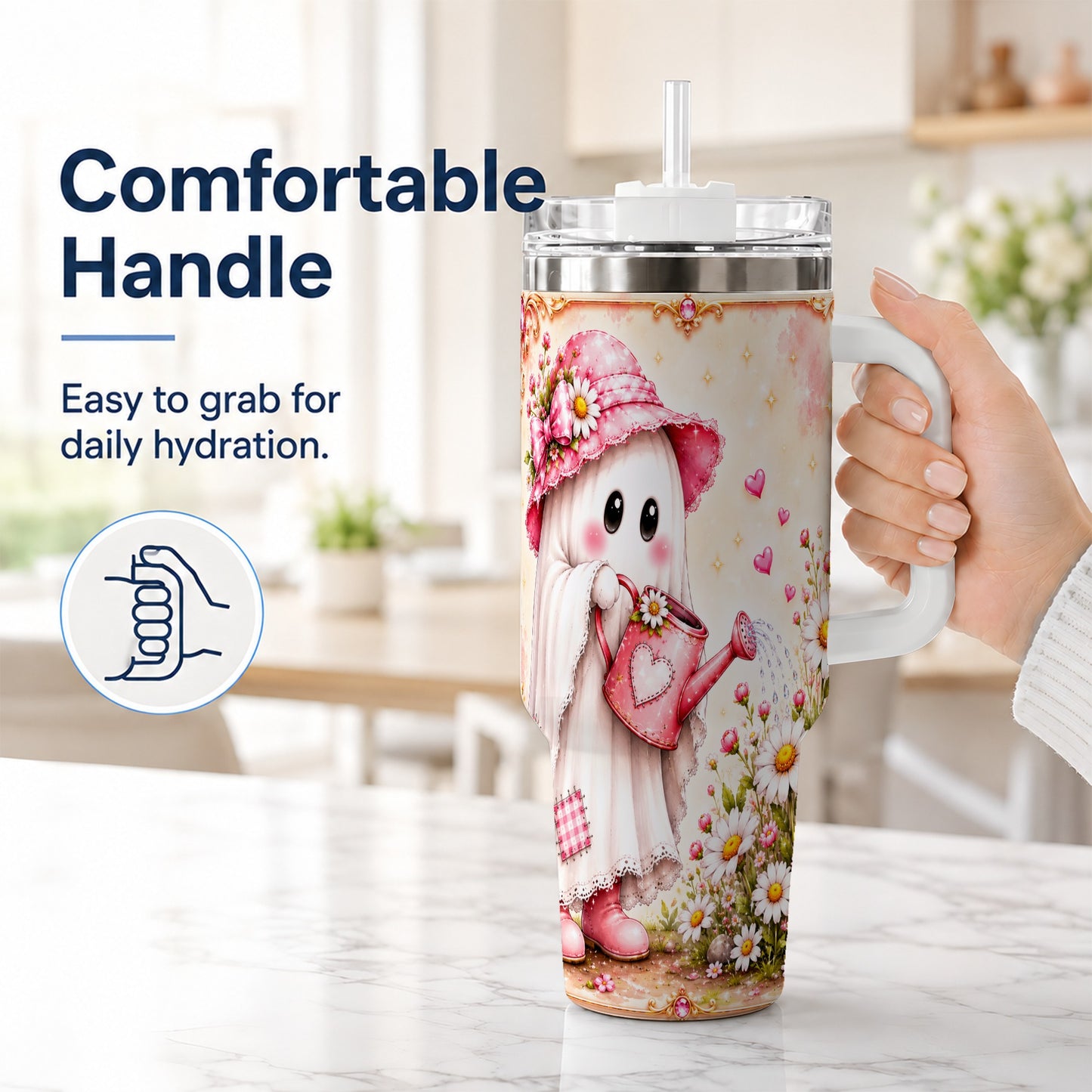 #pl[40oz|White] Garden Ghost 40oz Tumbler with Handle, Daisy Travel Cup