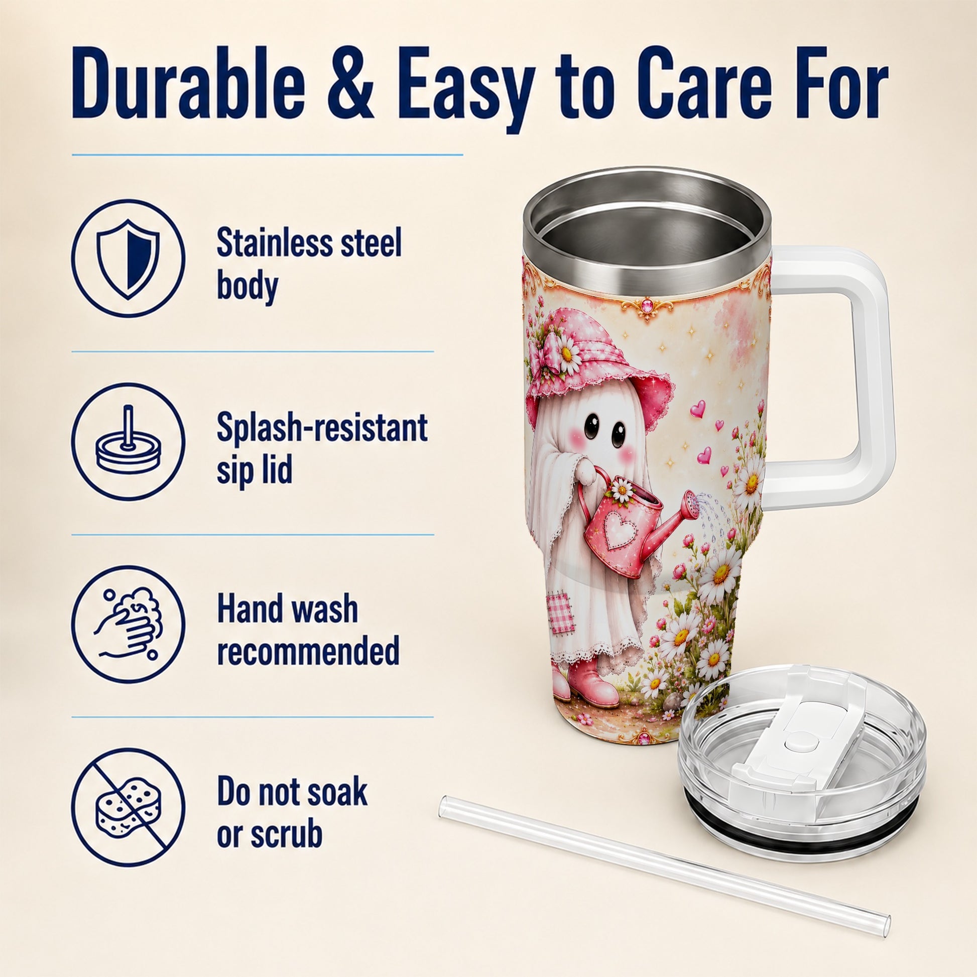 #pl[40oz|White] Garden Ghost 40oz Tumbler with Handle, Daisy Travel Cup