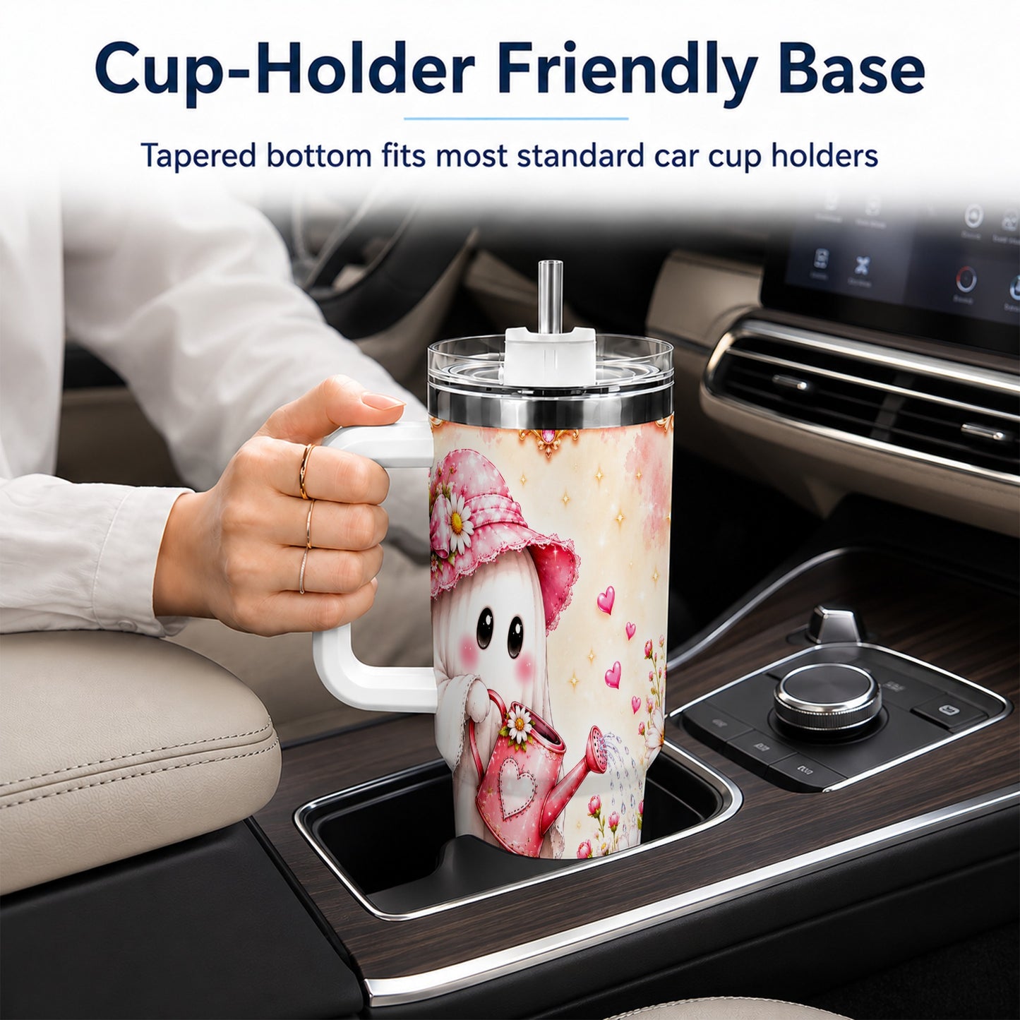 #pl[40oz|White] Garden Ghost 40oz Tumbler with Handle, Daisy Travel Cup