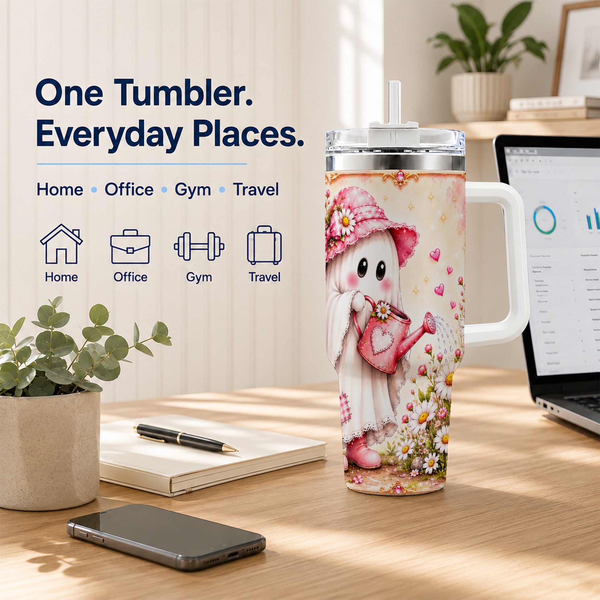 #pl[40oz|White] Garden Ghost 40oz Tumbler with Handle, Daisy Travel Cup