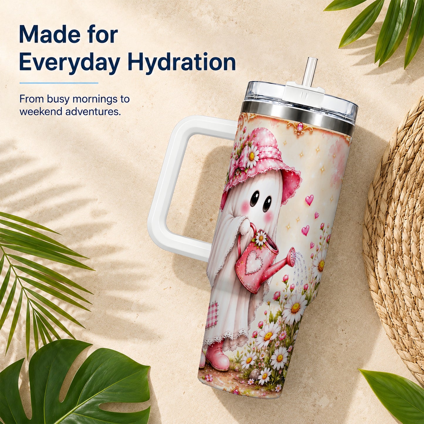 #pl[40oz|White] Garden Ghost 40oz Tumbler with Handle, Daisy Travel Cup