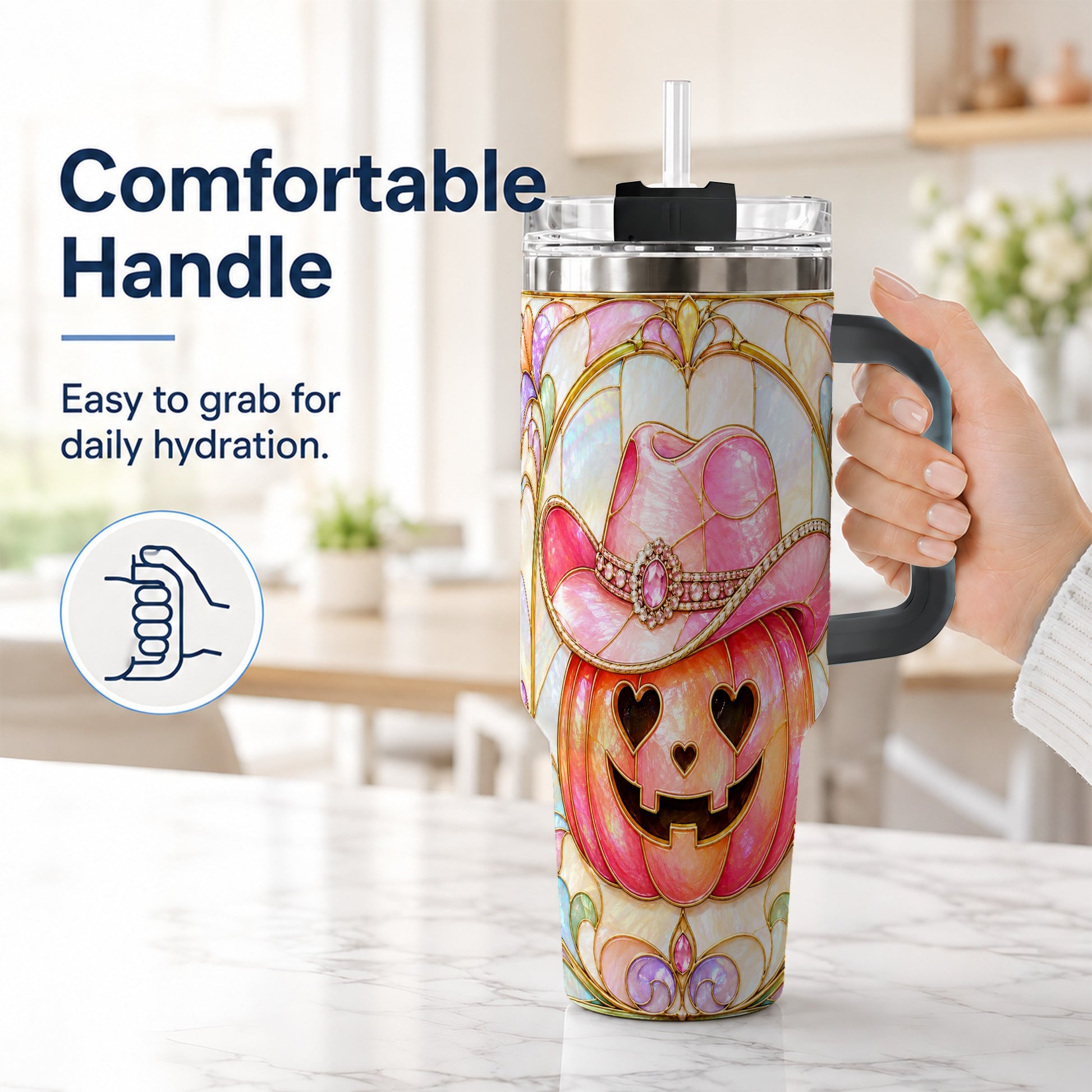 #pl[40oz|Black] Western Pumpkin 40oz Tumbler with Handle, Halloween Travel Cup