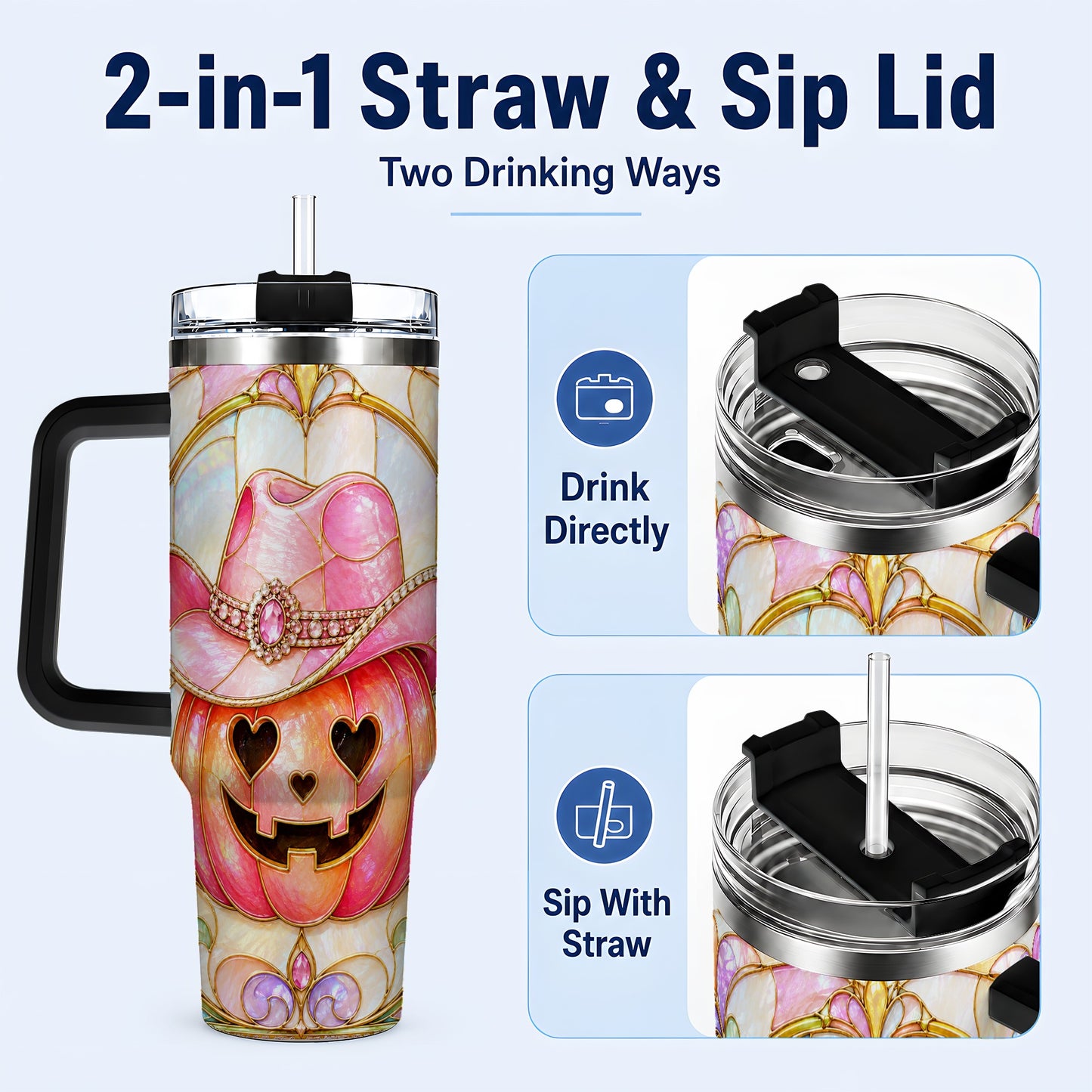 #pl[40oz|Black] Western Pumpkin 40oz Tumbler with Handle, Halloween Travel Cup