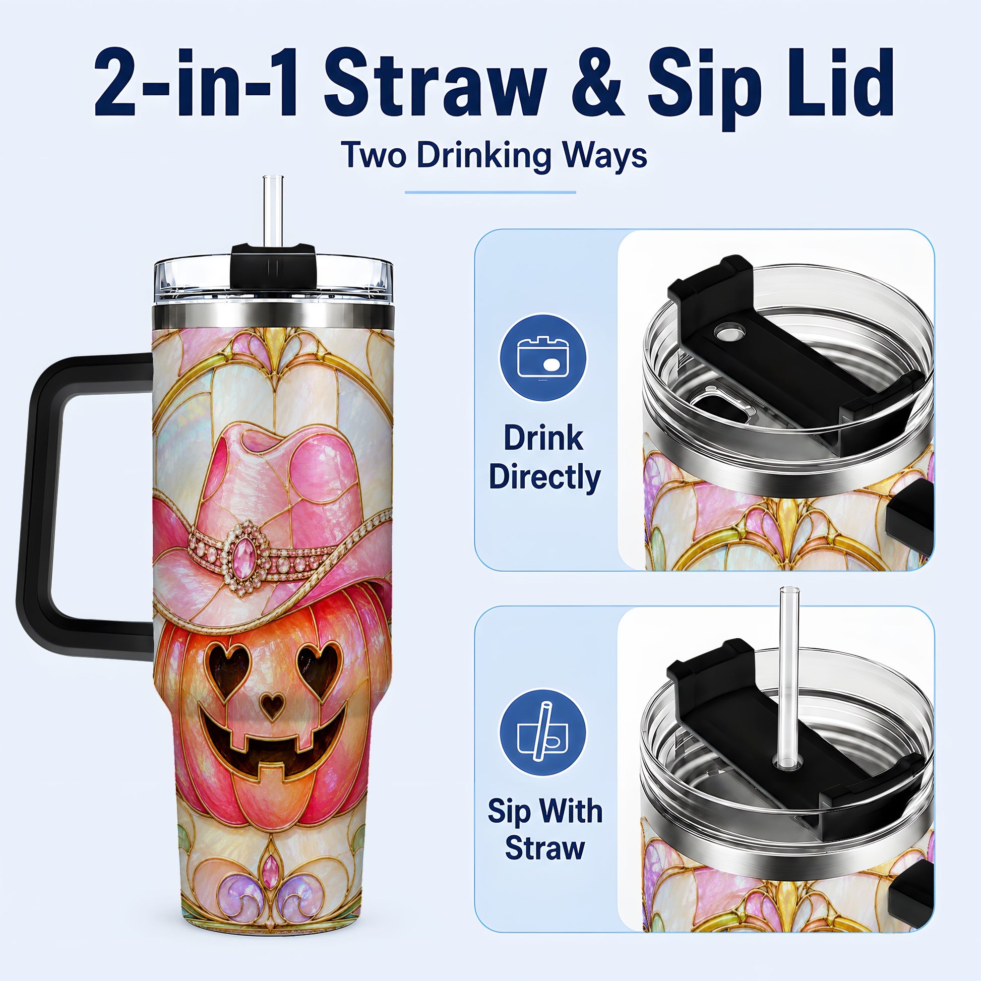 #pl[40oz|Black] Western Pumpkin 40oz Tumbler with Handle, Halloween Travel Cup