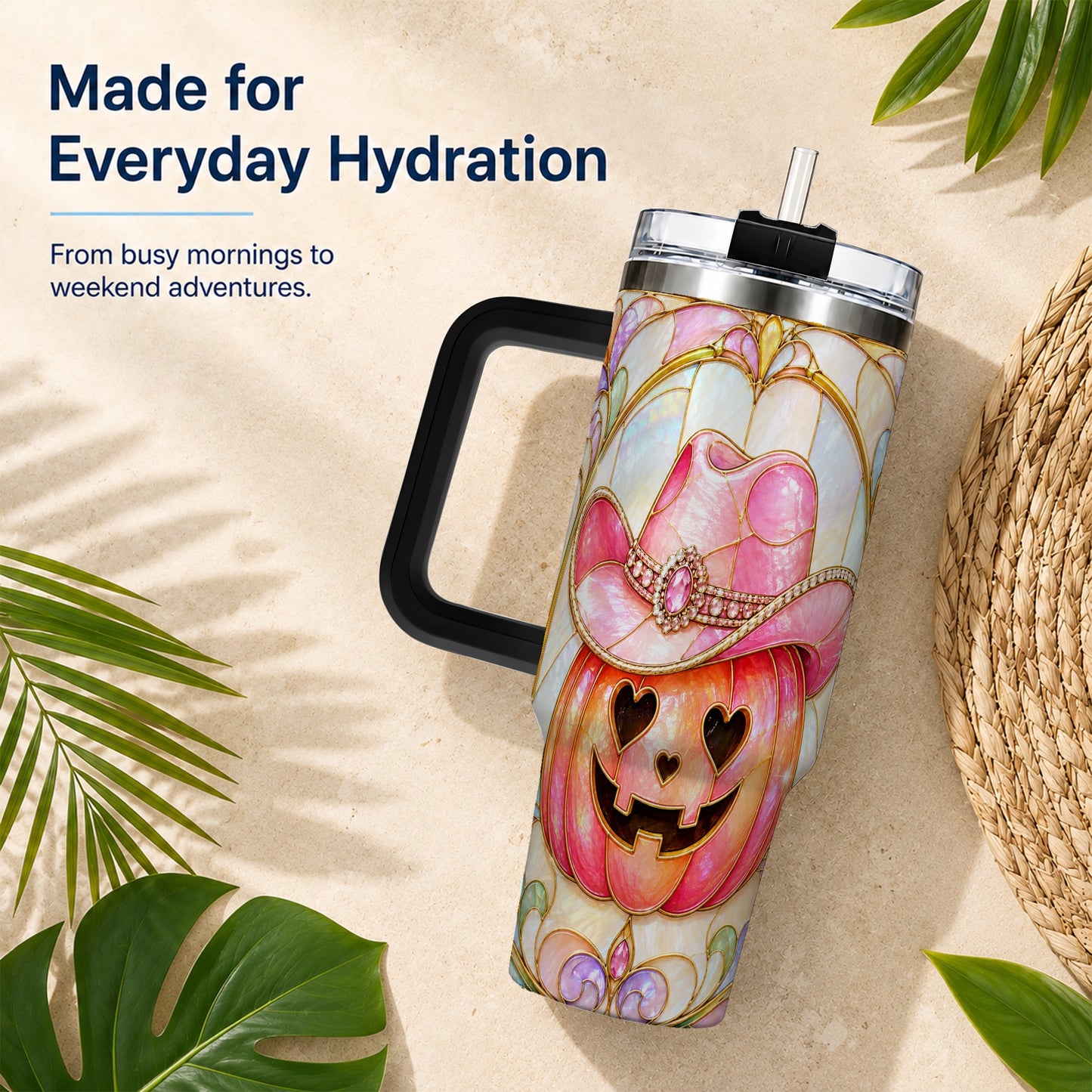 #pl[40oz|Black] Western Pumpkin 40oz Tumbler with Handle, Halloween Travel Cup
