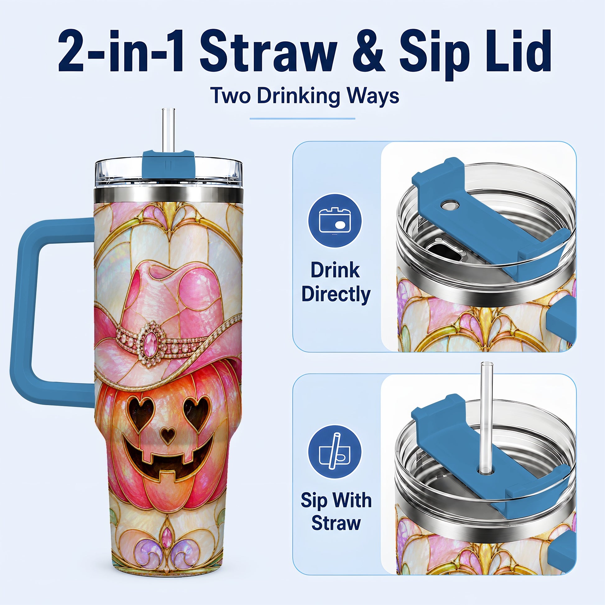 #pl[40oz|Blue] Western Pumpkin 40oz Tumbler with Handle, Halloween Travel Cup