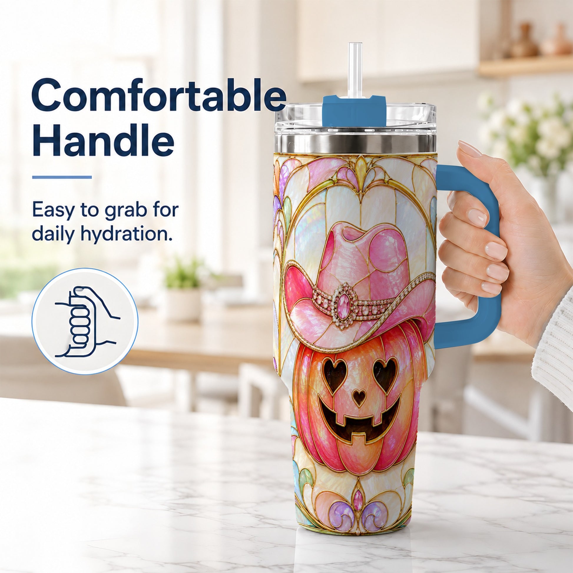 #pl[40oz|Blue] Western Pumpkin 40oz Tumbler with Handle, Halloween Travel Cup