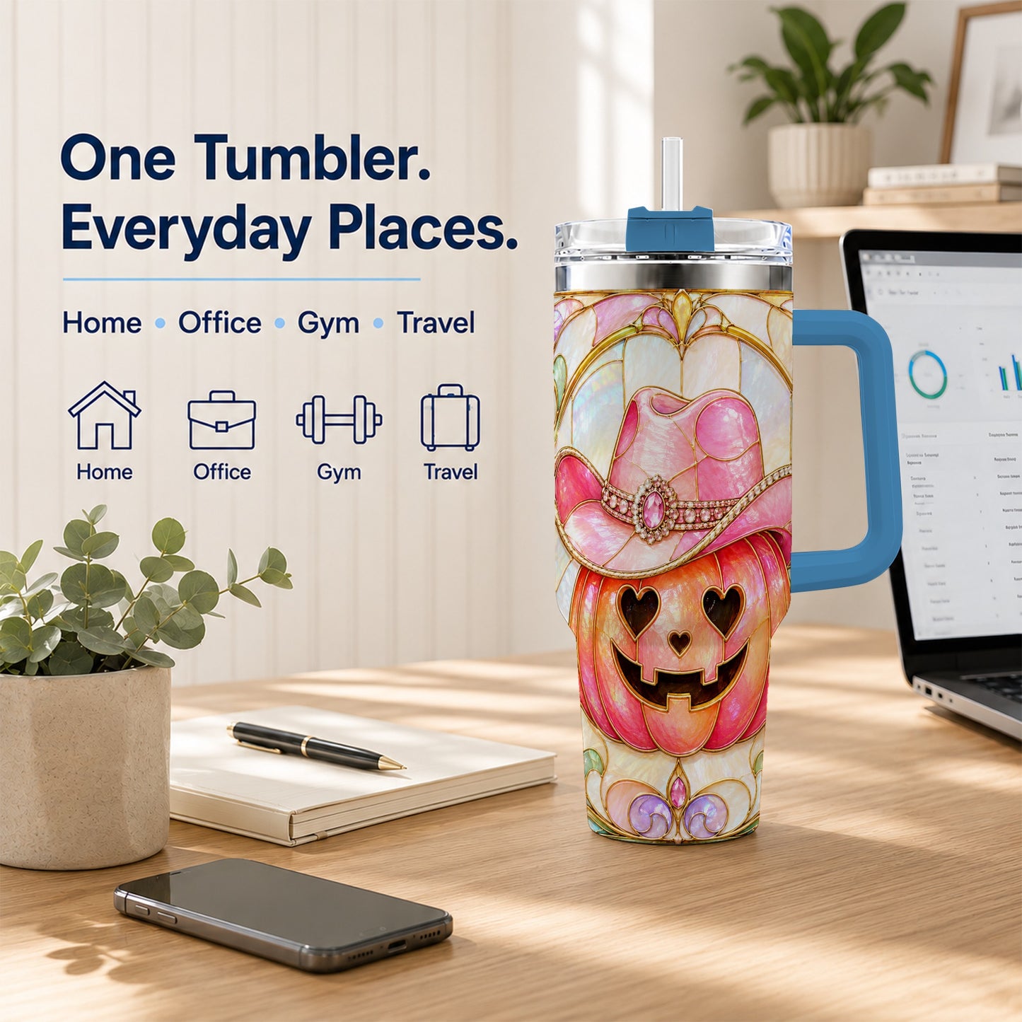 #pl[40oz|Blue] Western Pumpkin 40oz Tumbler with Handle, Halloween Travel Cup