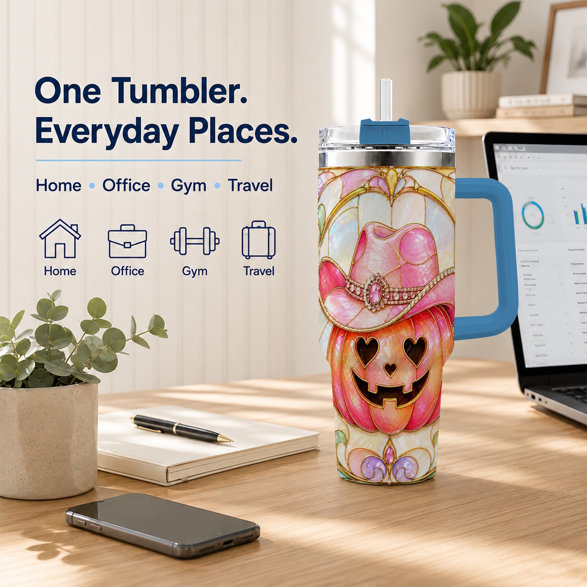 #pl[40oz|Blue] Western Pumpkin 40oz Tumbler with Handle, Halloween Travel Cup