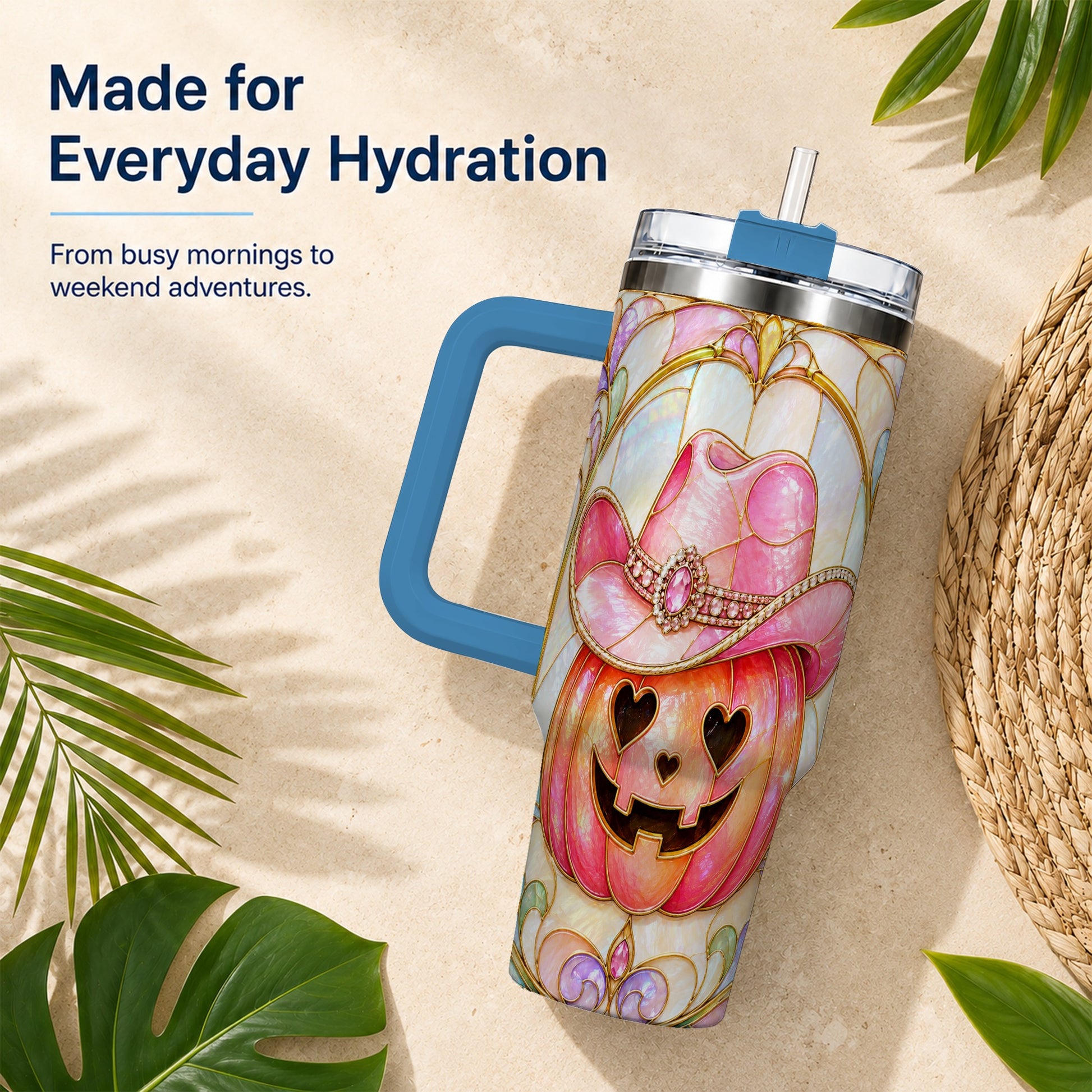 #pl[40oz|Blue] Western Pumpkin 40oz Tumbler with Handle, Halloween Travel Cup