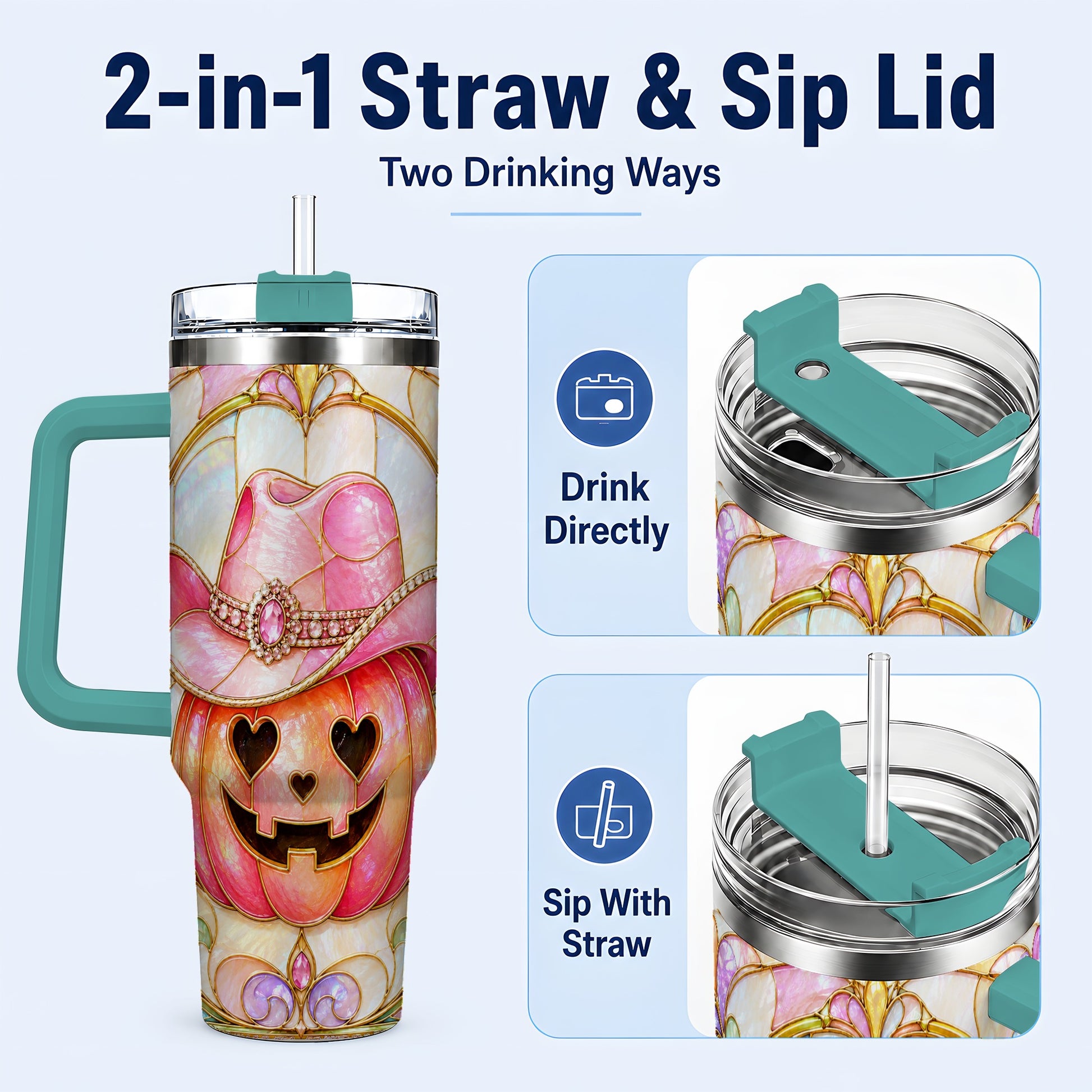 #pl[40oz|Green] Western Pumpkin 40oz Tumbler with Handle, Halloween Travel Cup