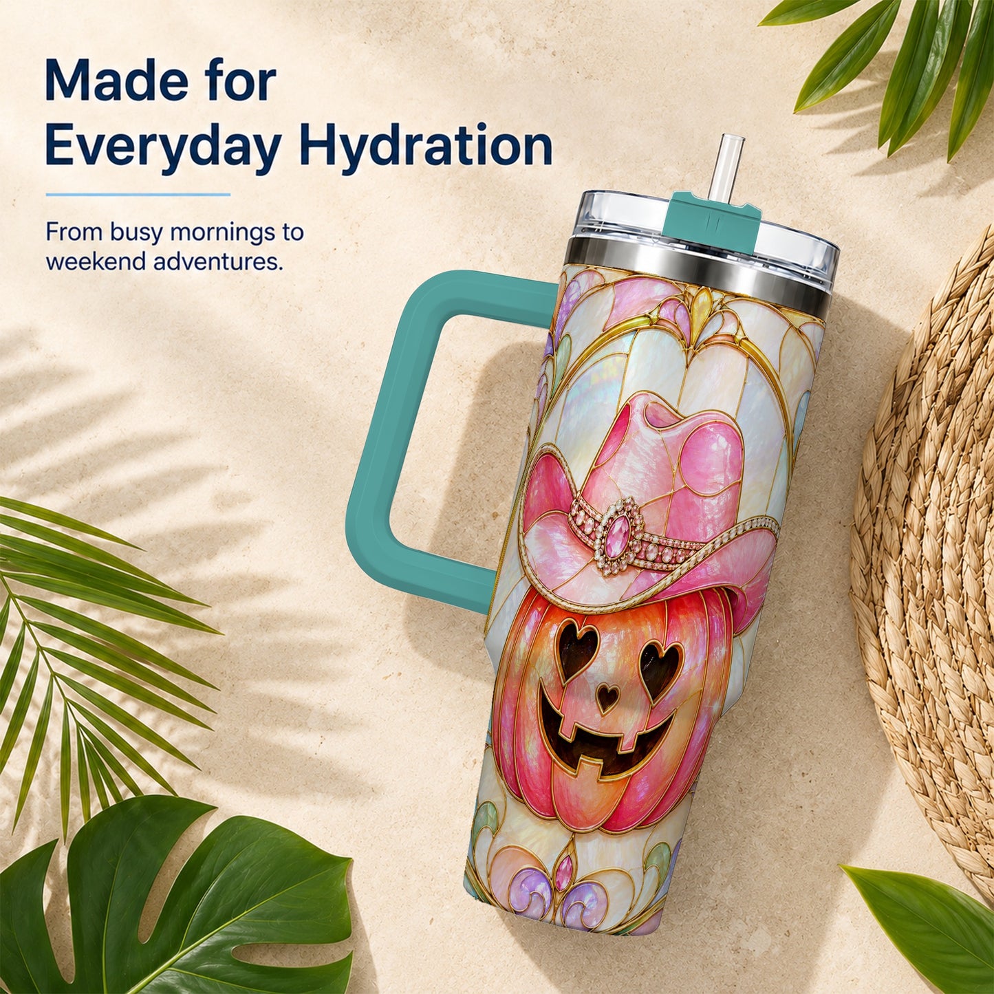 #pl[40oz|Green] Western Pumpkin 40oz Tumbler with Handle, Halloween Travel Cup