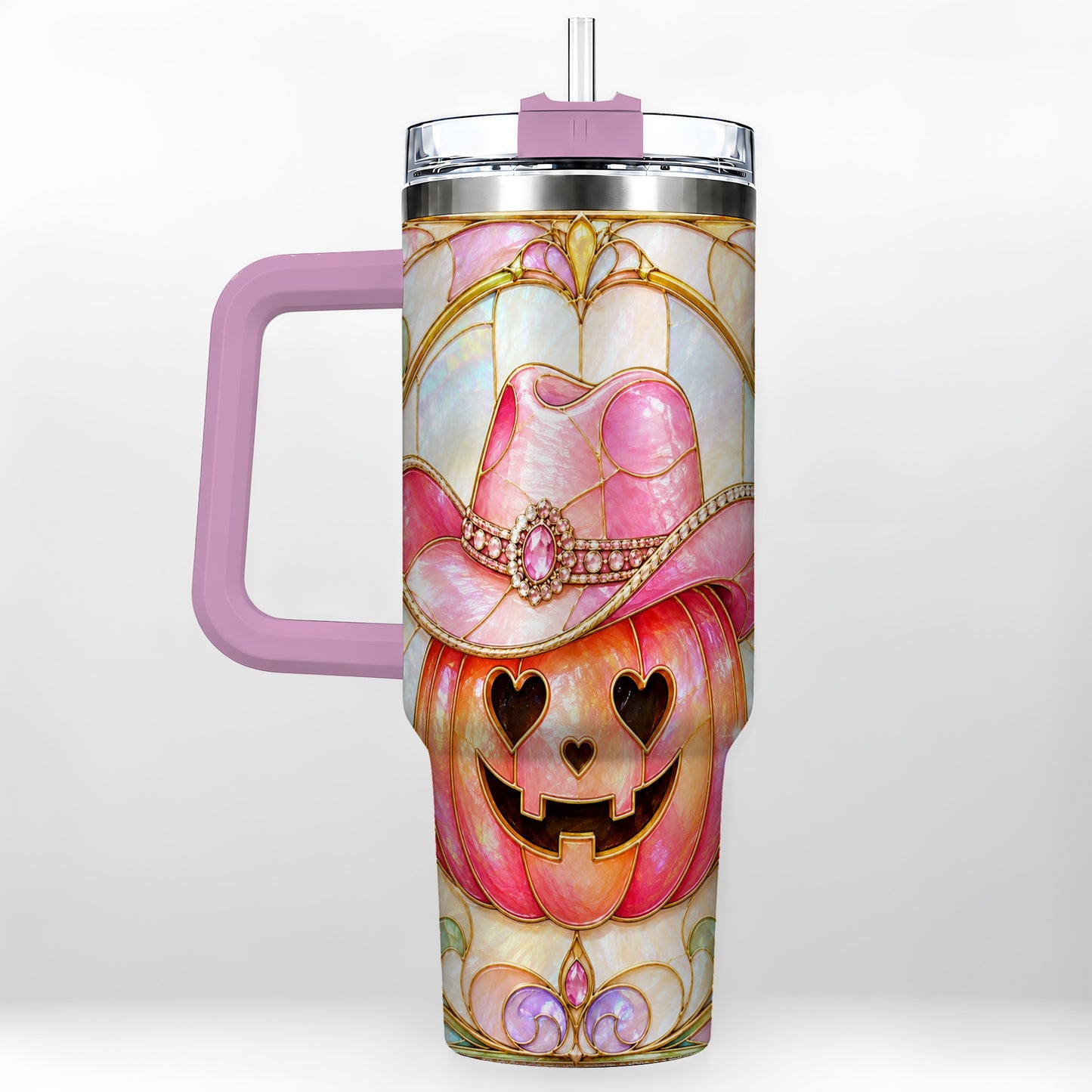 #pl[40oz|Pink] Western Pumpkin 40oz Tumbler with Handle, Halloween Travel Cup
