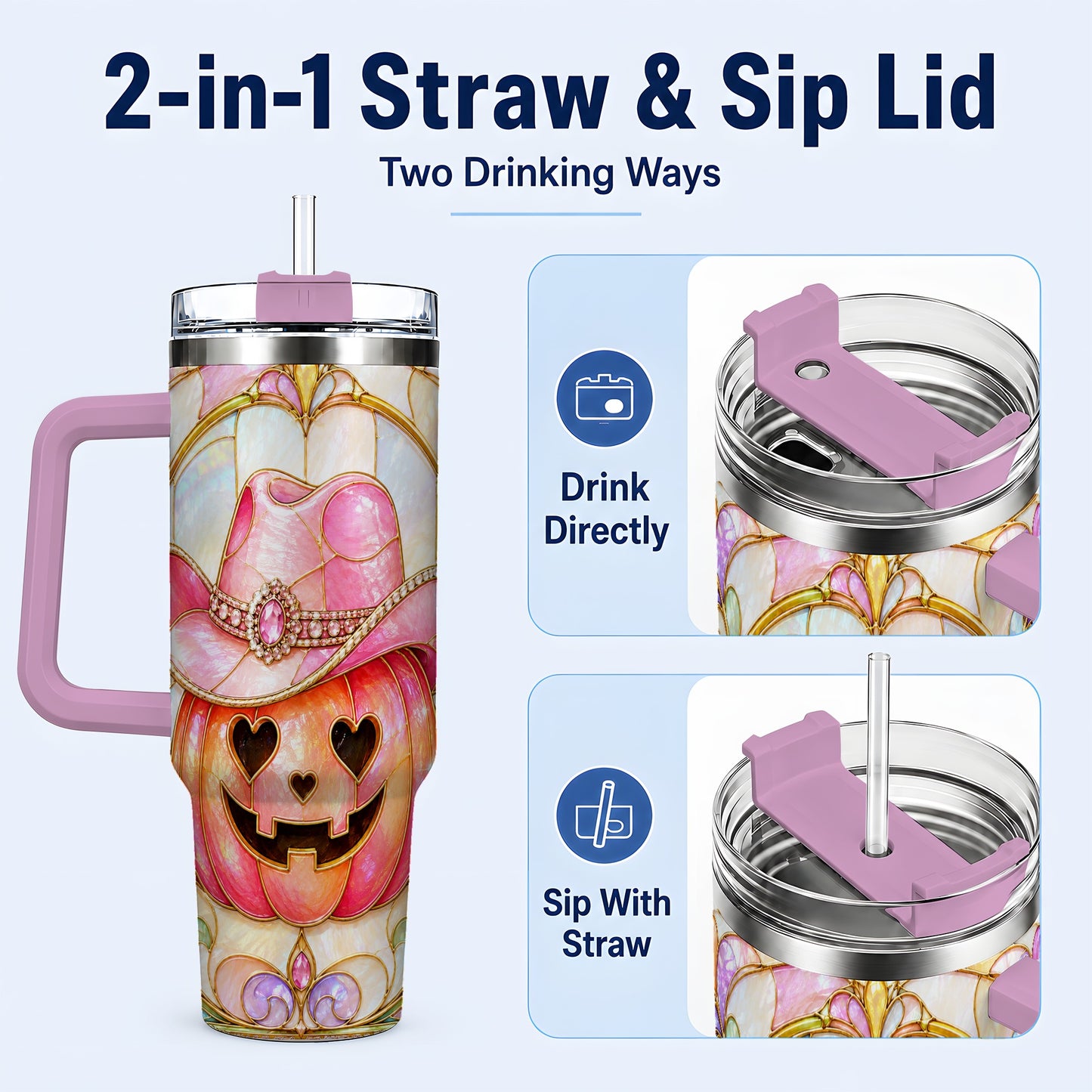 #pl[40oz|Pink] Western Pumpkin 40oz Tumbler with Handle, Halloween Travel Cup