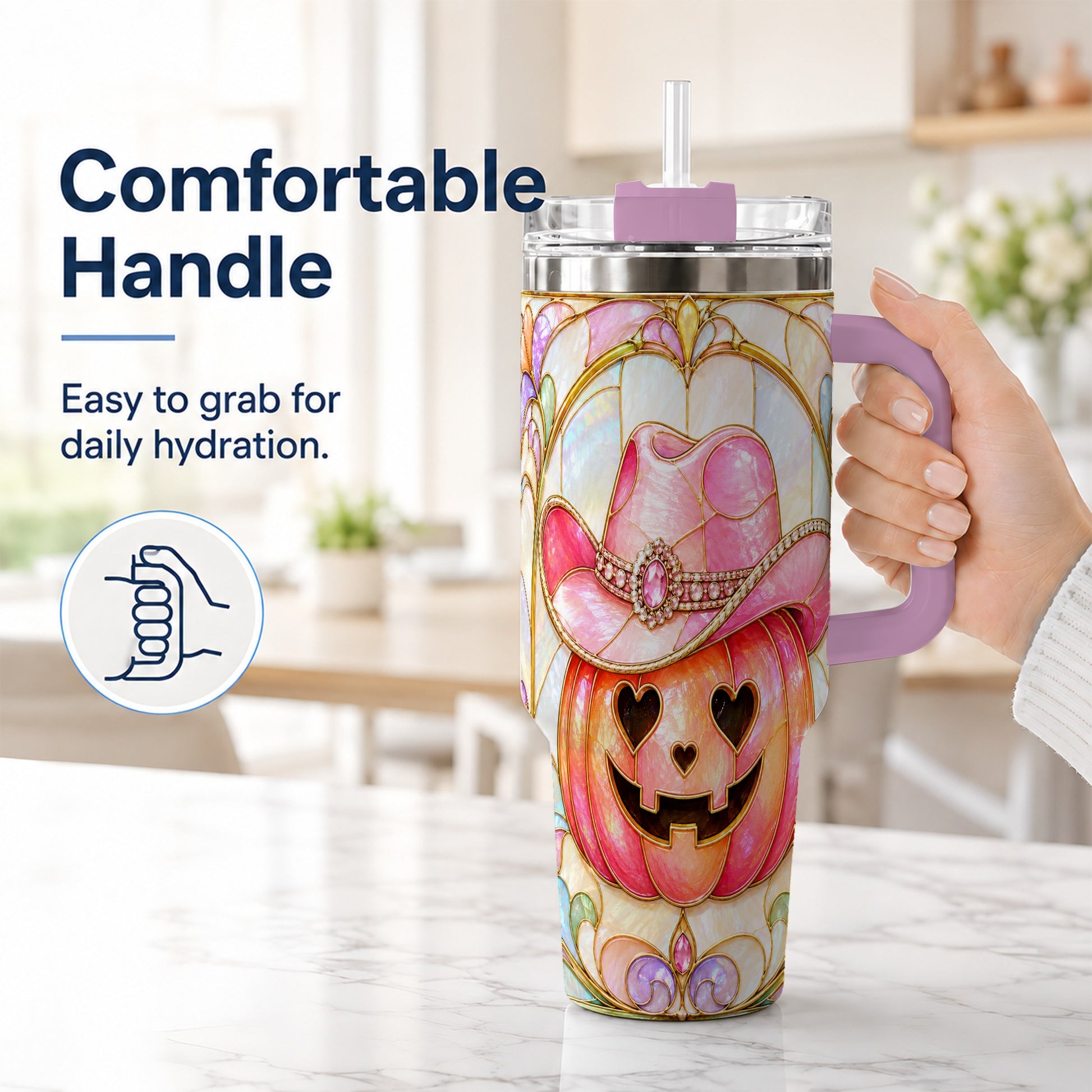 #pl[40oz|Pink] Western Pumpkin 40oz Tumbler with Handle, Halloween Travel Cup