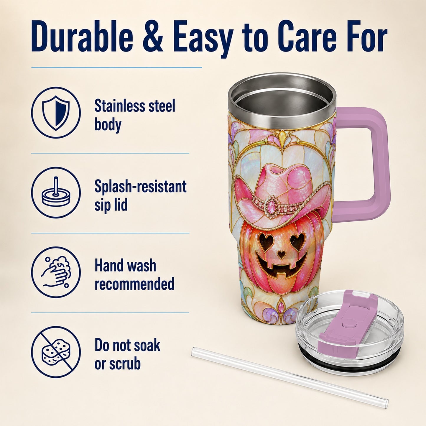 #pl[40oz|Pink] Western Pumpkin 40oz Tumbler with Handle, Halloween Travel Cup