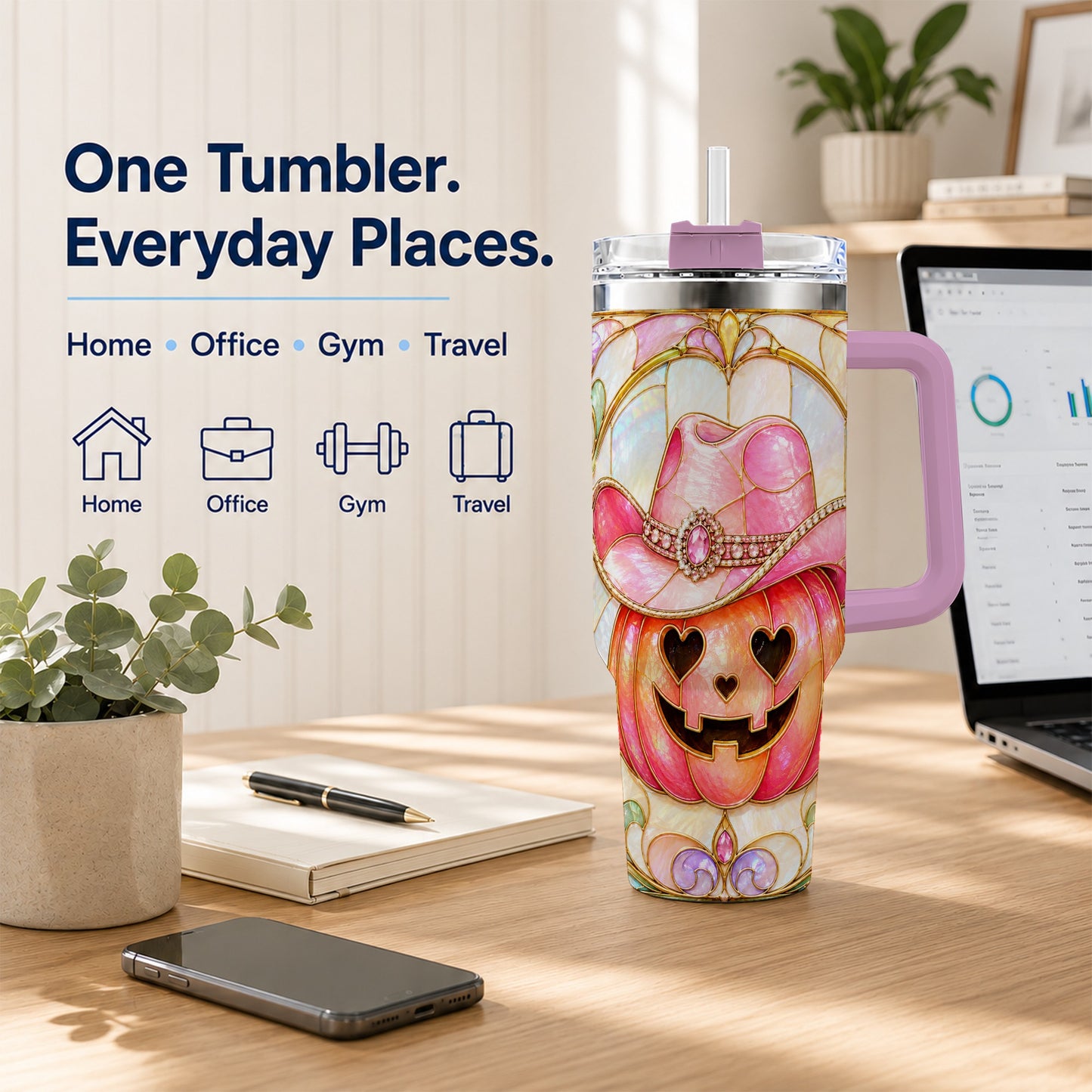 #pl[40oz|Pink] Western Pumpkin 40oz Tumbler with Handle, Halloween Travel Cup