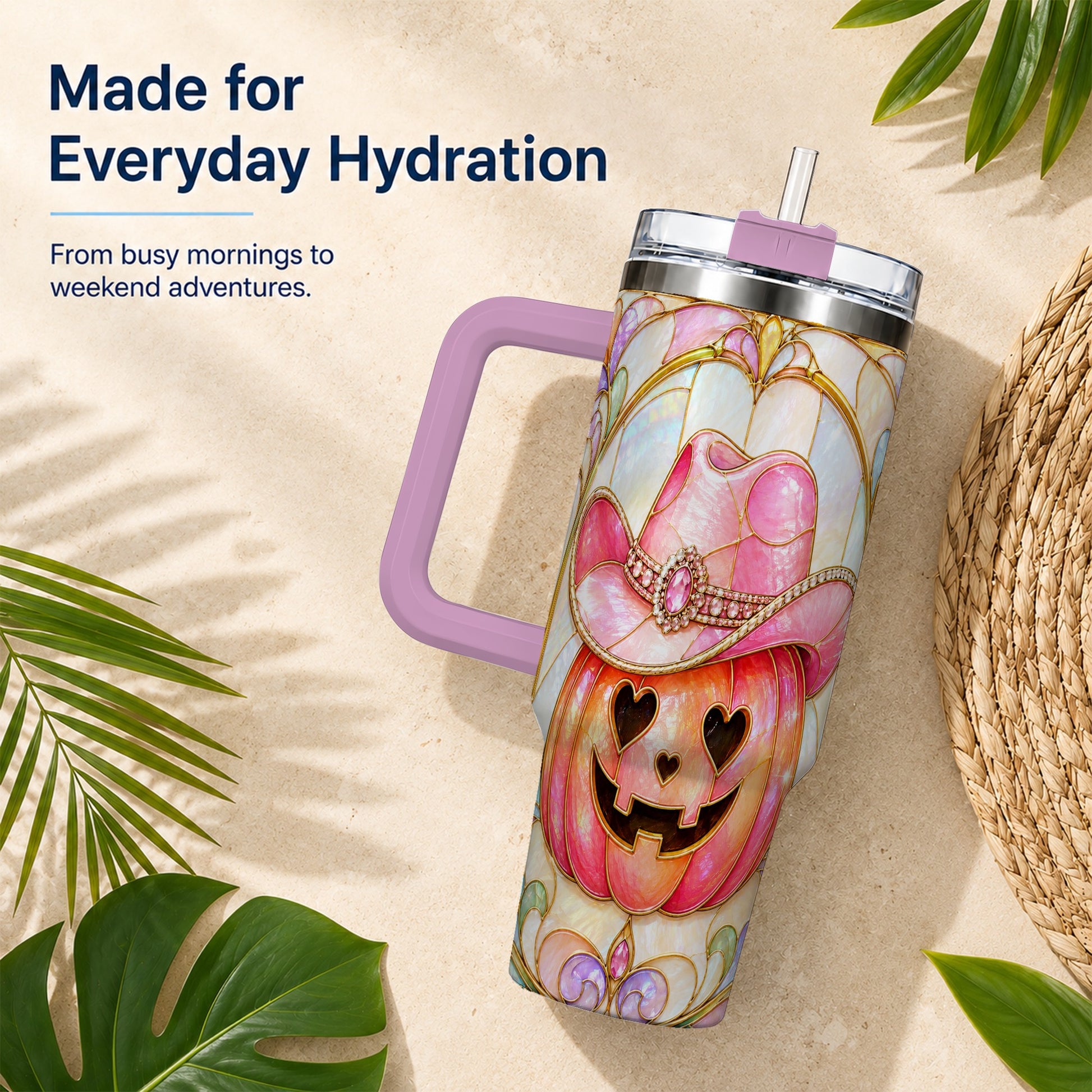 #pl[40oz|Pink] Western Pumpkin 40oz Tumbler with Handle, Halloween Travel Cup