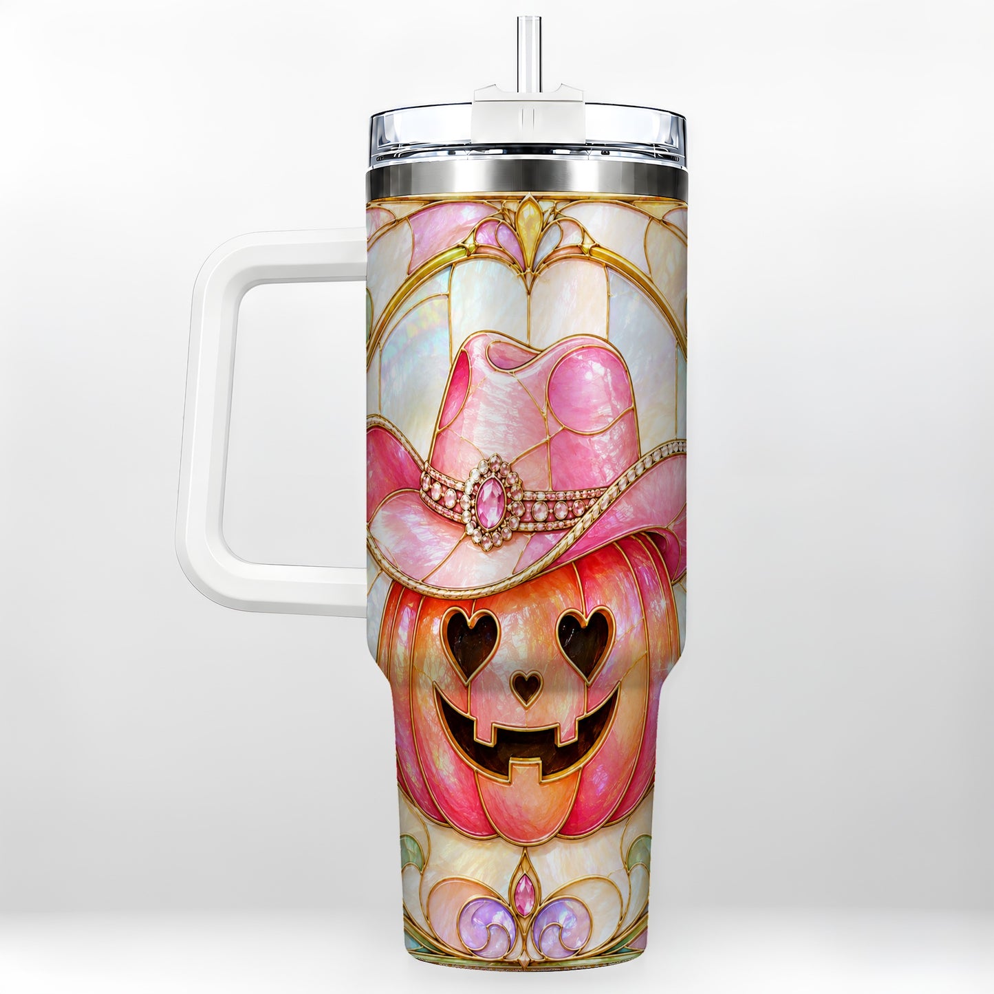 #pl[40oz|White] Western Pumpkin 40oz Tumbler with Handle, Halloween Travel Cup