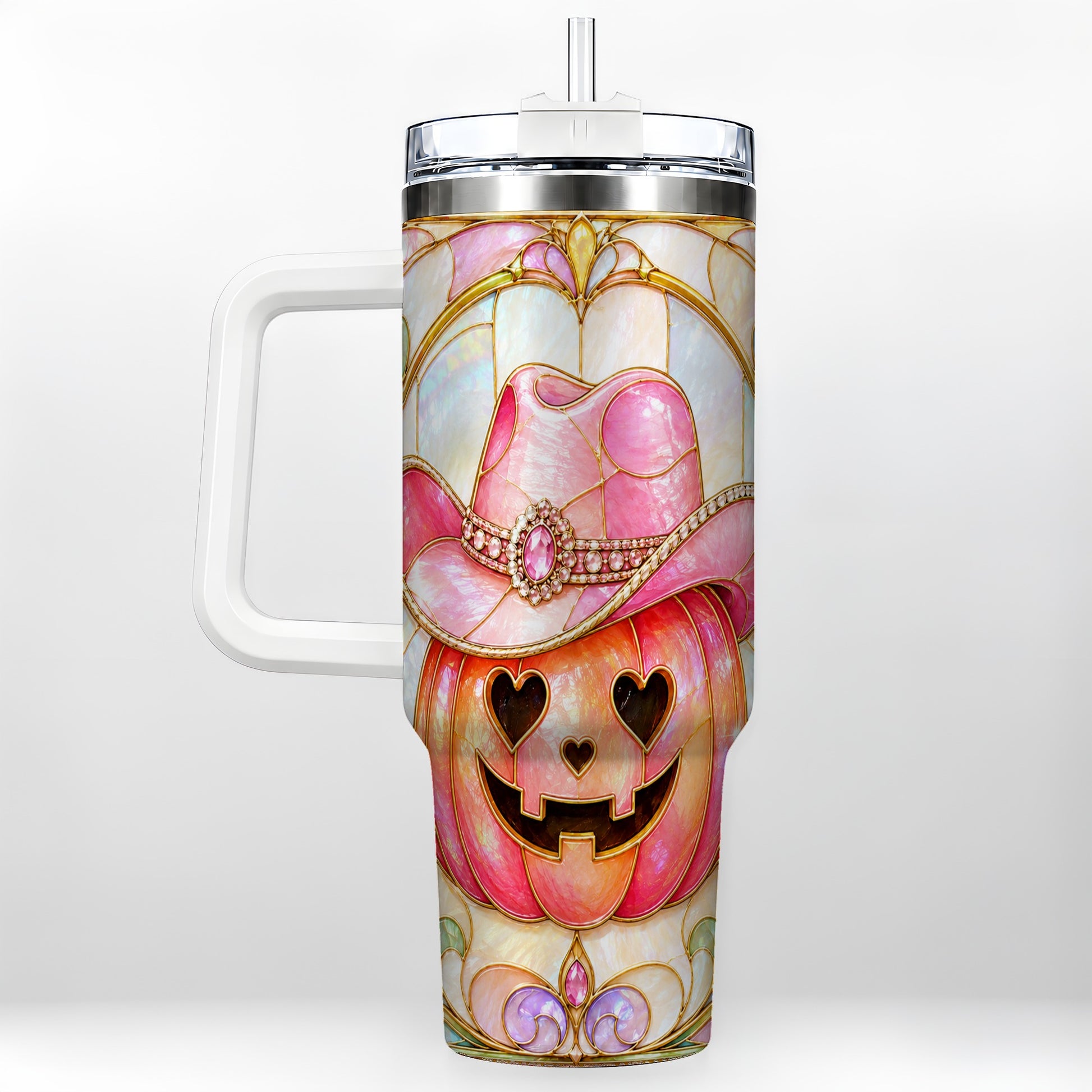 #pl[40oz|White] Western Pumpkin 40oz Tumbler with Handle, Halloween Travel Cup