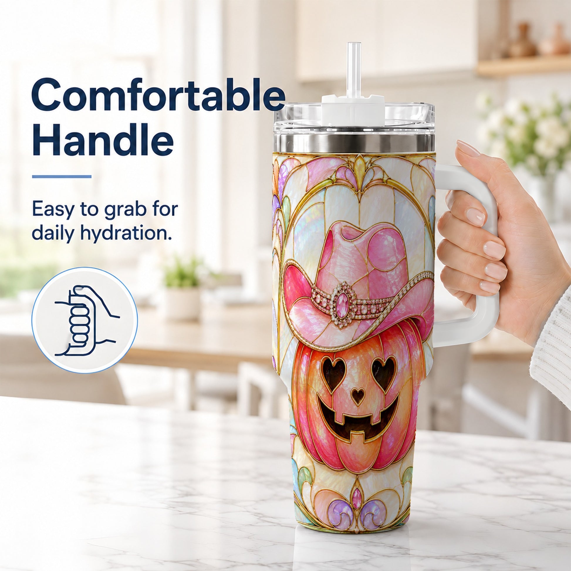 #pl[40oz|White] Western Pumpkin 40oz Tumbler with Handle, Halloween Travel Cup