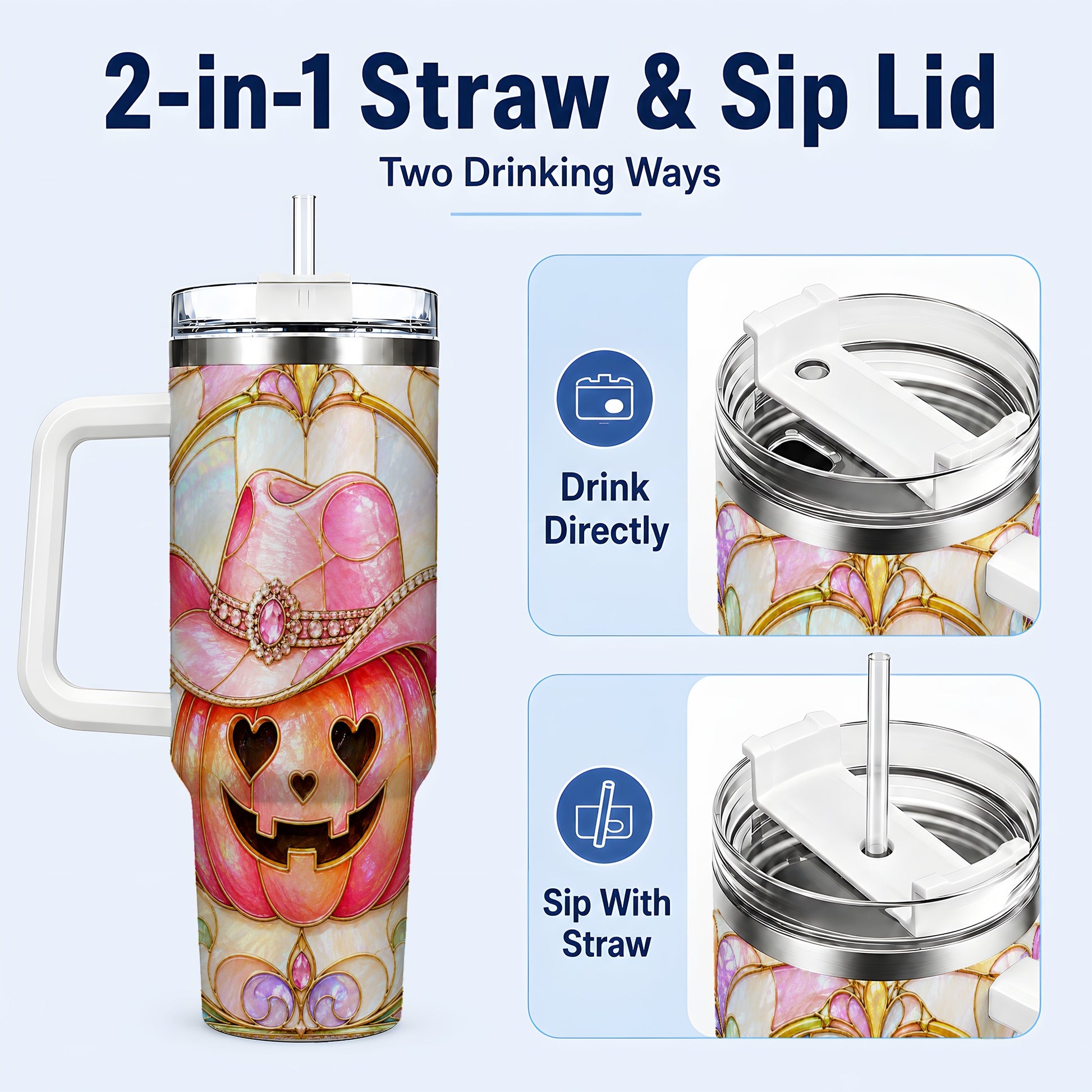 #pl[40oz|White] Western Pumpkin 40oz Tumbler with Handle, Halloween Travel Cup