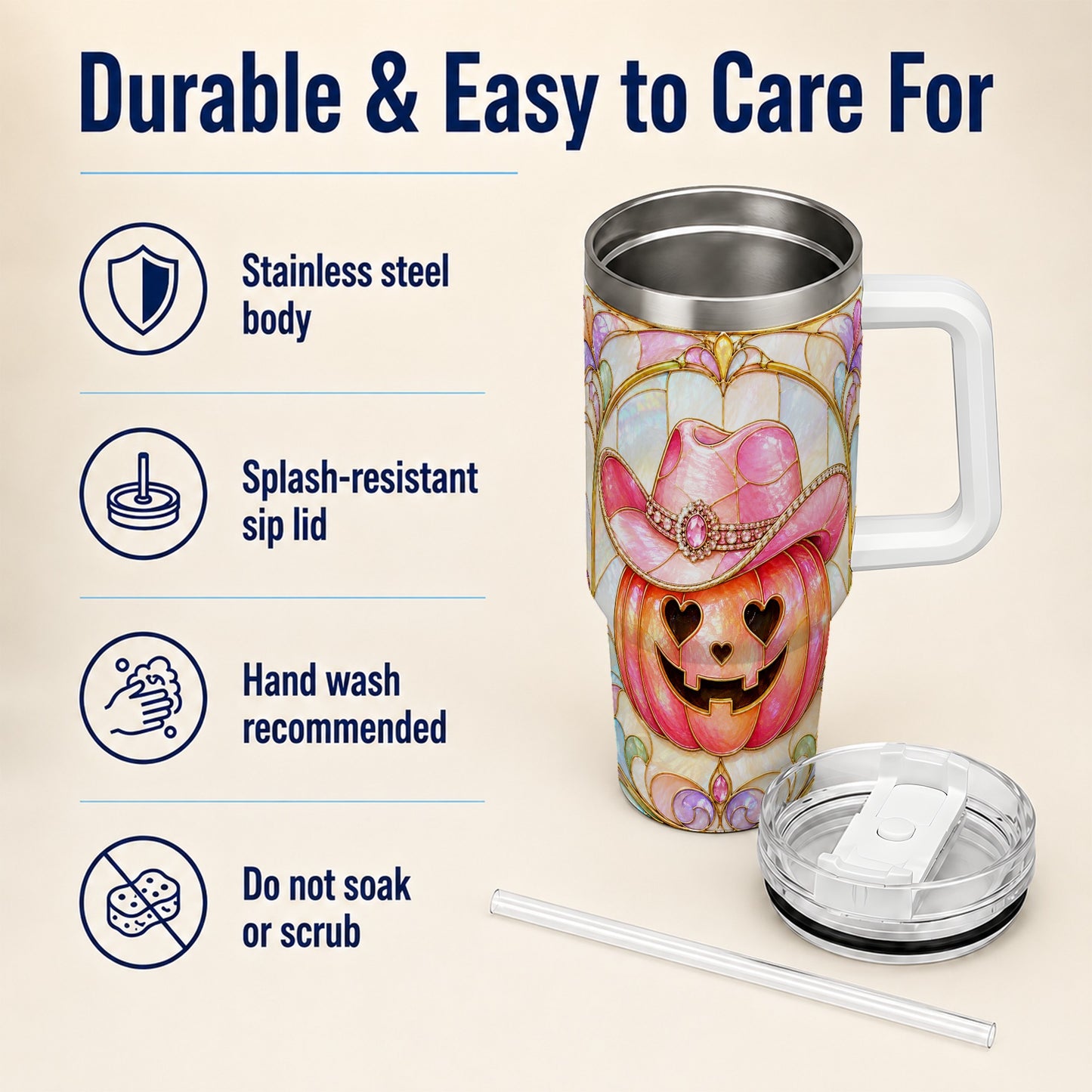 #pl[40oz|White] Western Pumpkin 40oz Tumbler with Handle, Halloween Travel Cup