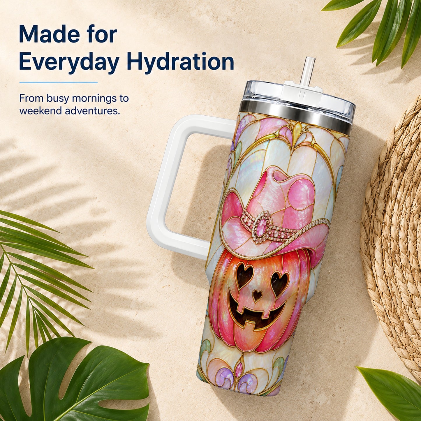 #pl[40oz|White] Western Pumpkin 40oz Tumbler with Handle, Halloween Travel Cup