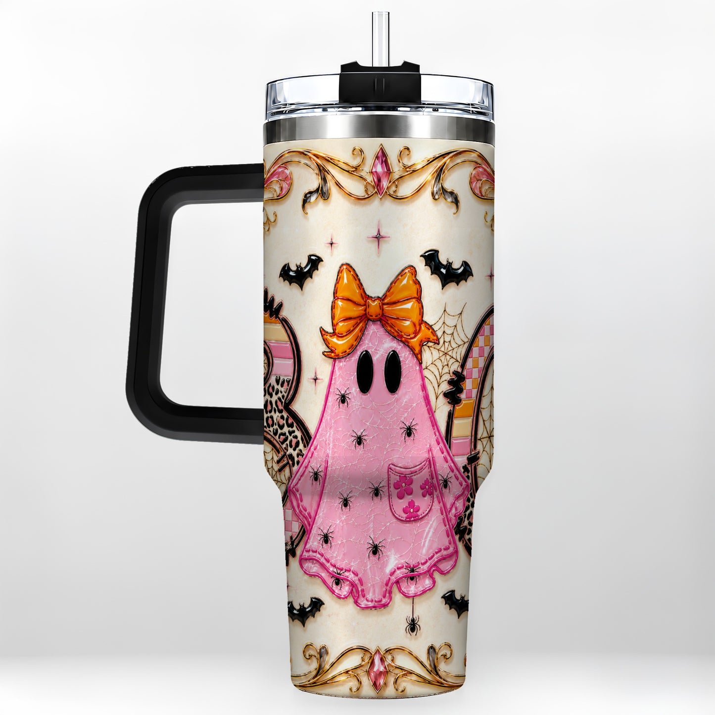 #pl[40oz|Black] Ghost Halloween 40oz Tumbler with Handle, Stainless Steel Travel Cup