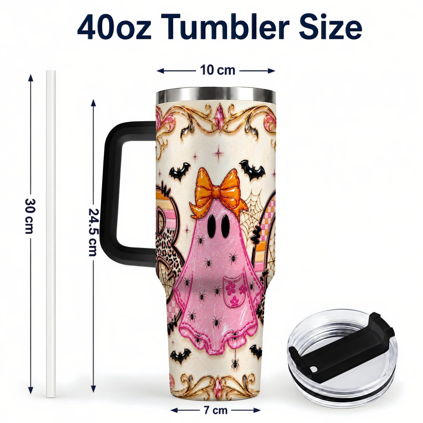 #pl[40oz|Black] Ghost Halloween 40oz Tumbler with Handle, Stainless Steel Travel Cup
