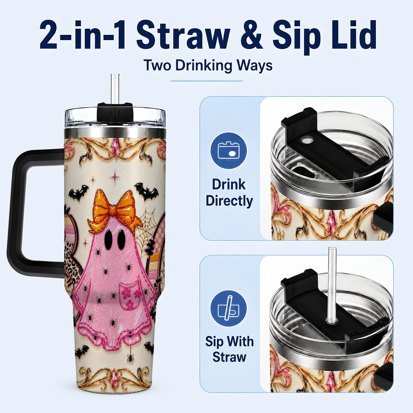 #pl[40oz|Black] Ghost Halloween 40oz Tumbler with Handle, Stainless Steel Travel Cup