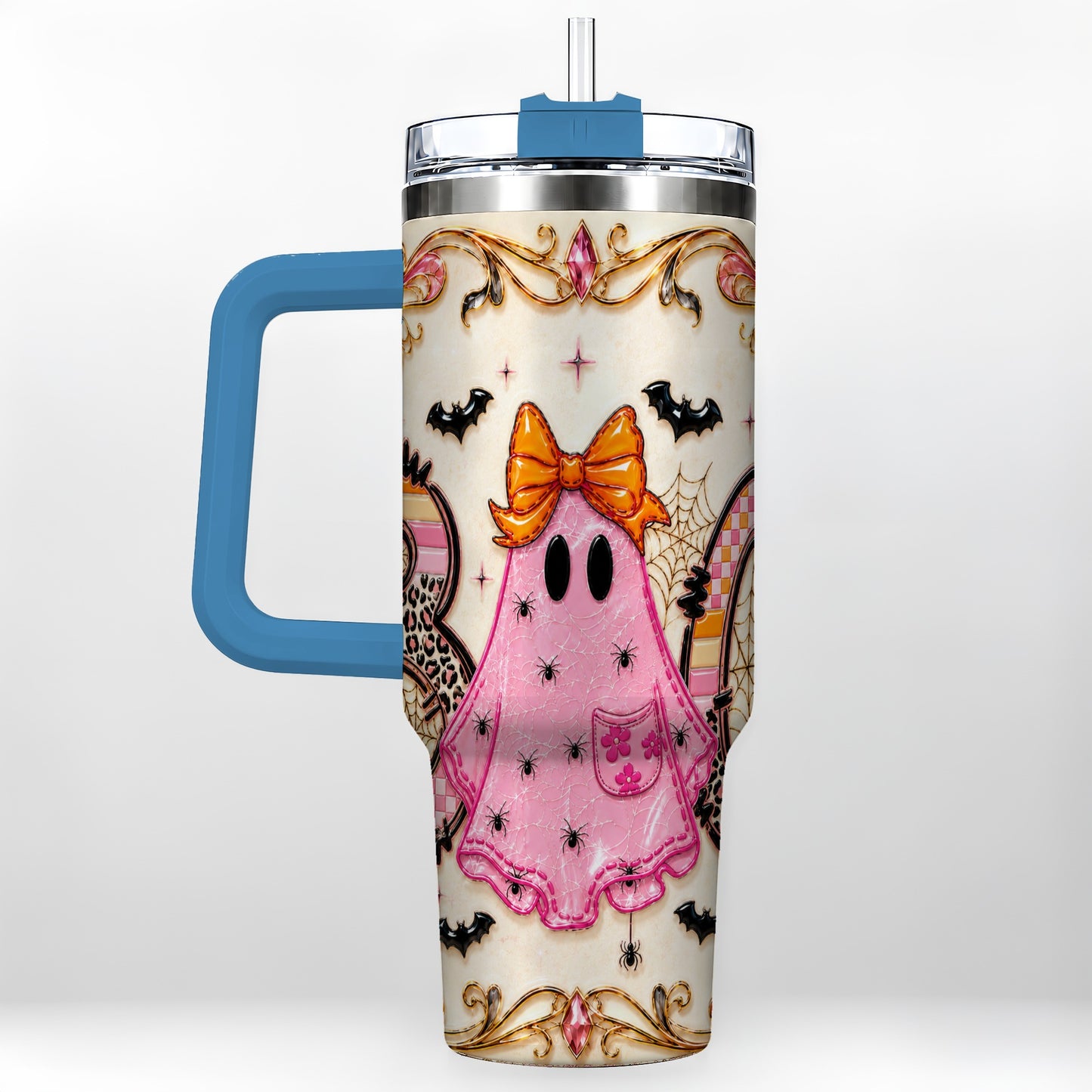 #pl[40oz|Blue] Ghost Halloween 40oz Tumbler with Handle, Stainless Steel Travel Cup