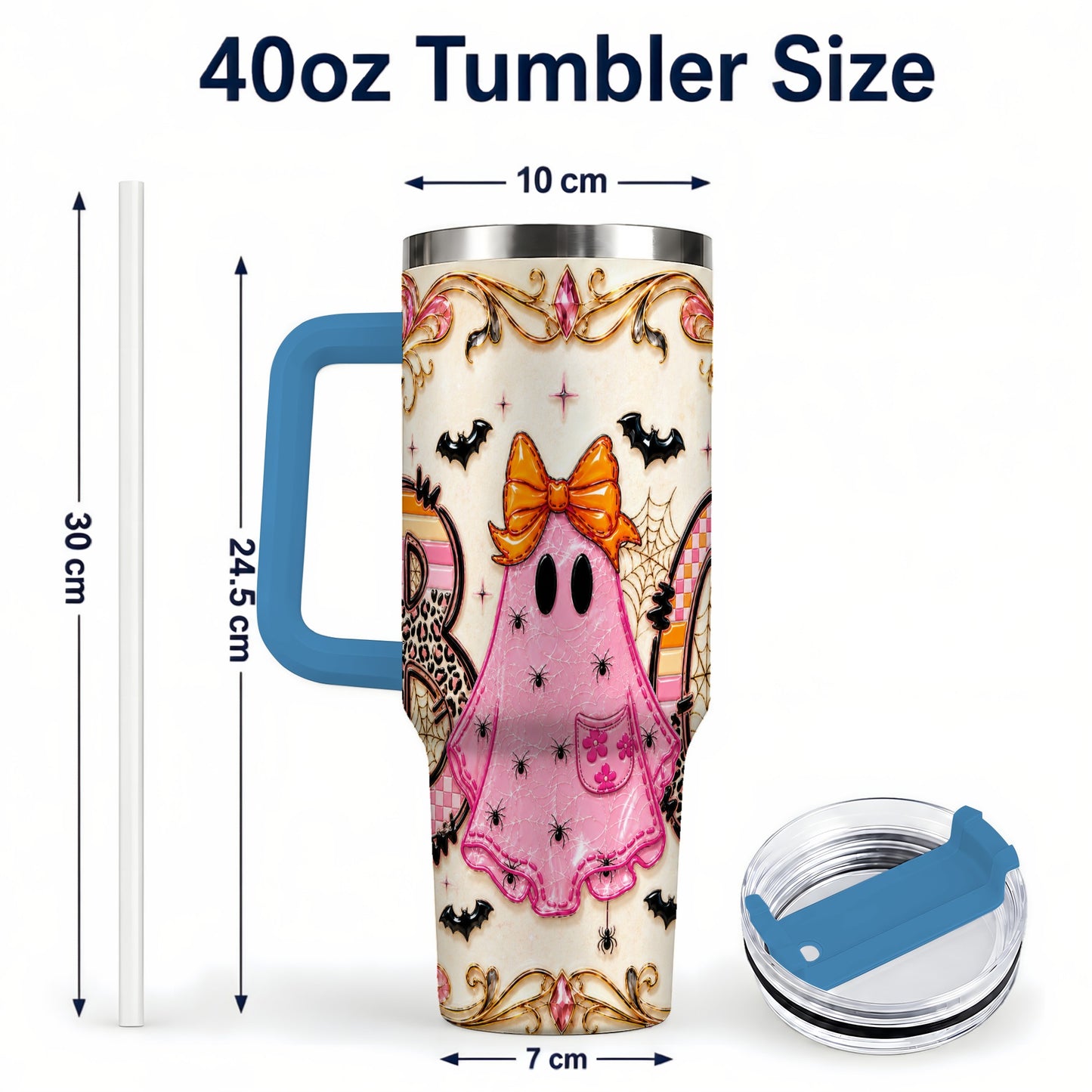 #pl[40oz|Blue] Ghost Halloween 40oz Tumbler with Handle, Stainless Steel Travel Cup